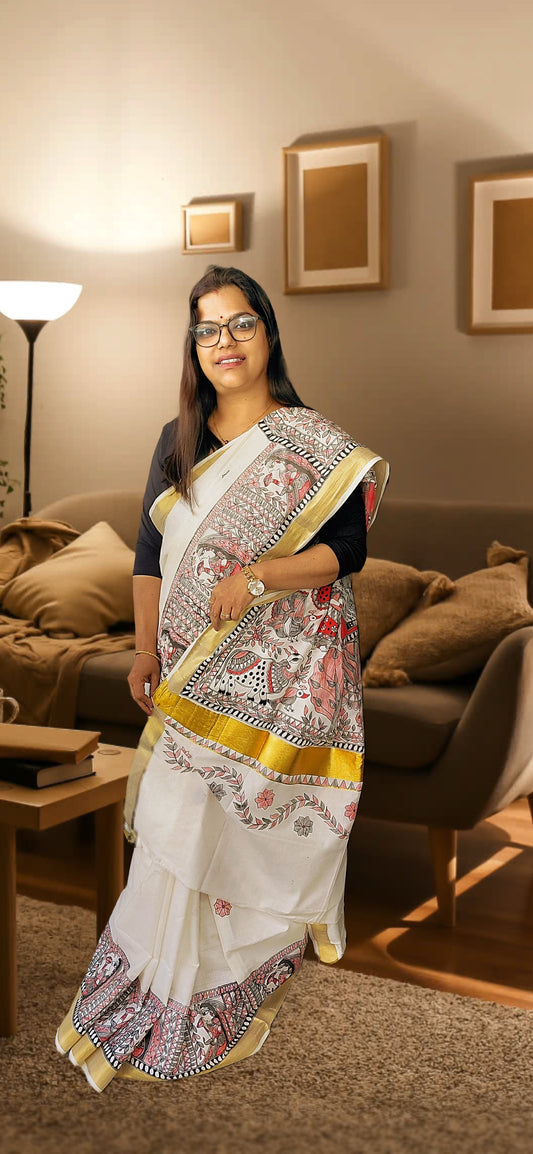 Kasavu Style Soft & Smooth Cotton Saree with Hand Painted Madhubani Air