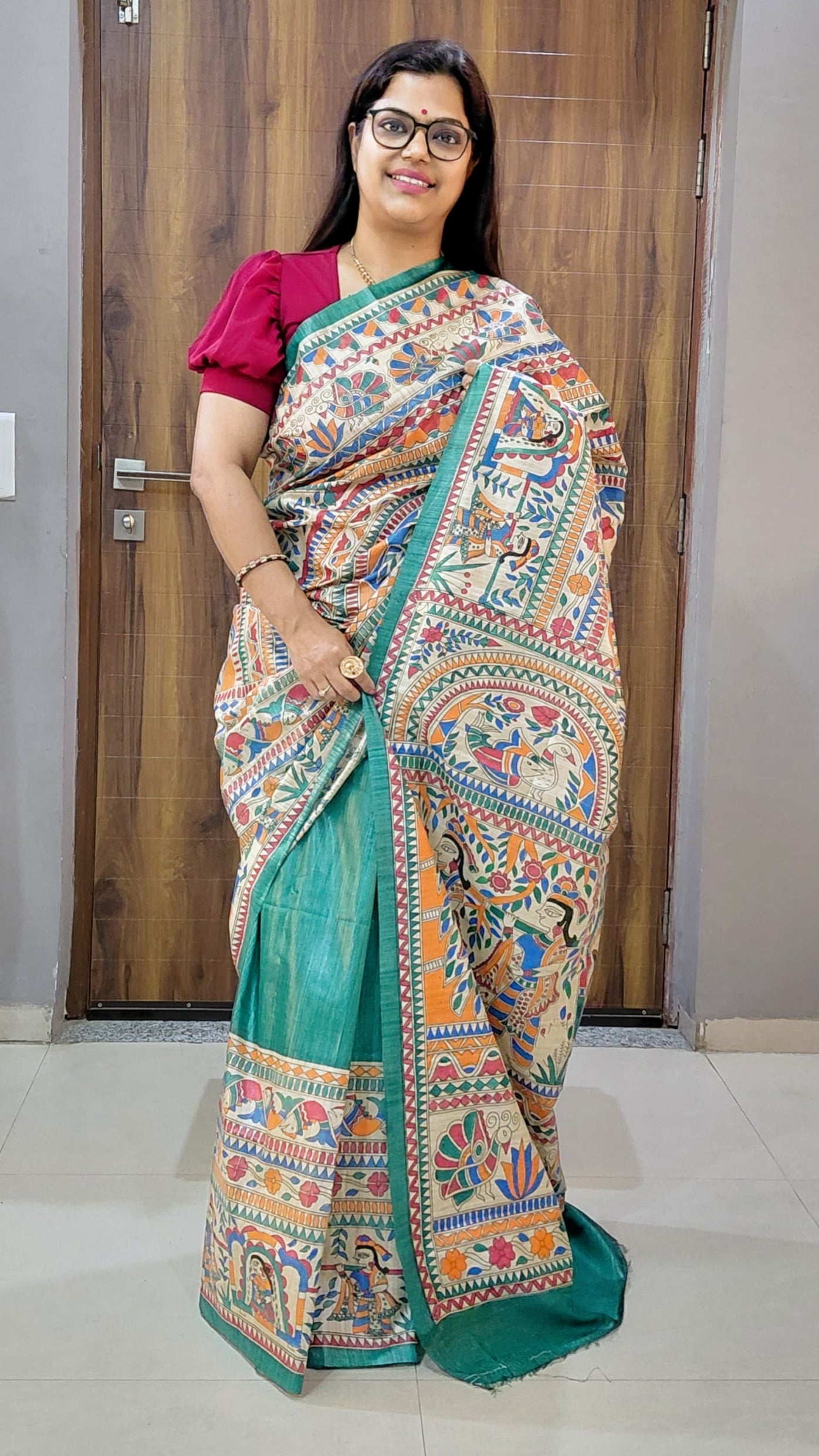 Natural Pure Desi Tussar Silk Madhubani Saree | Rangika Studio