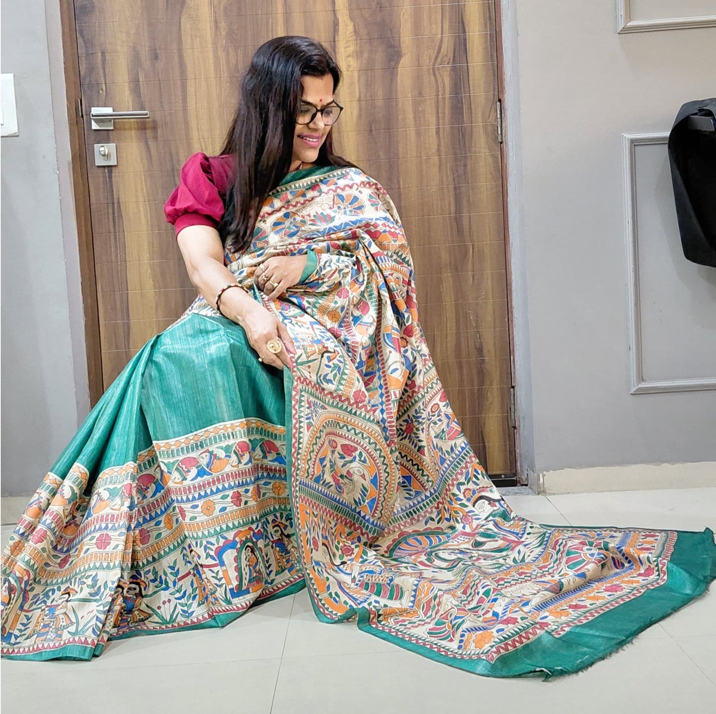 Natural Pure Desi Tussar Silk Madhubani Saree | Rangika Studio