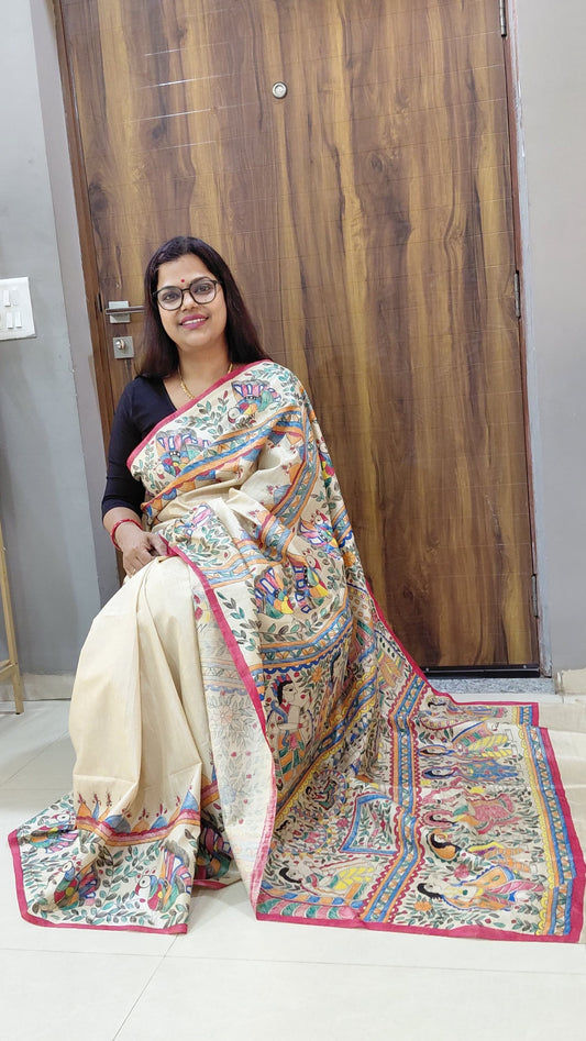 Ivory Tussar Silk Madhubani Saree | Rangika Studio