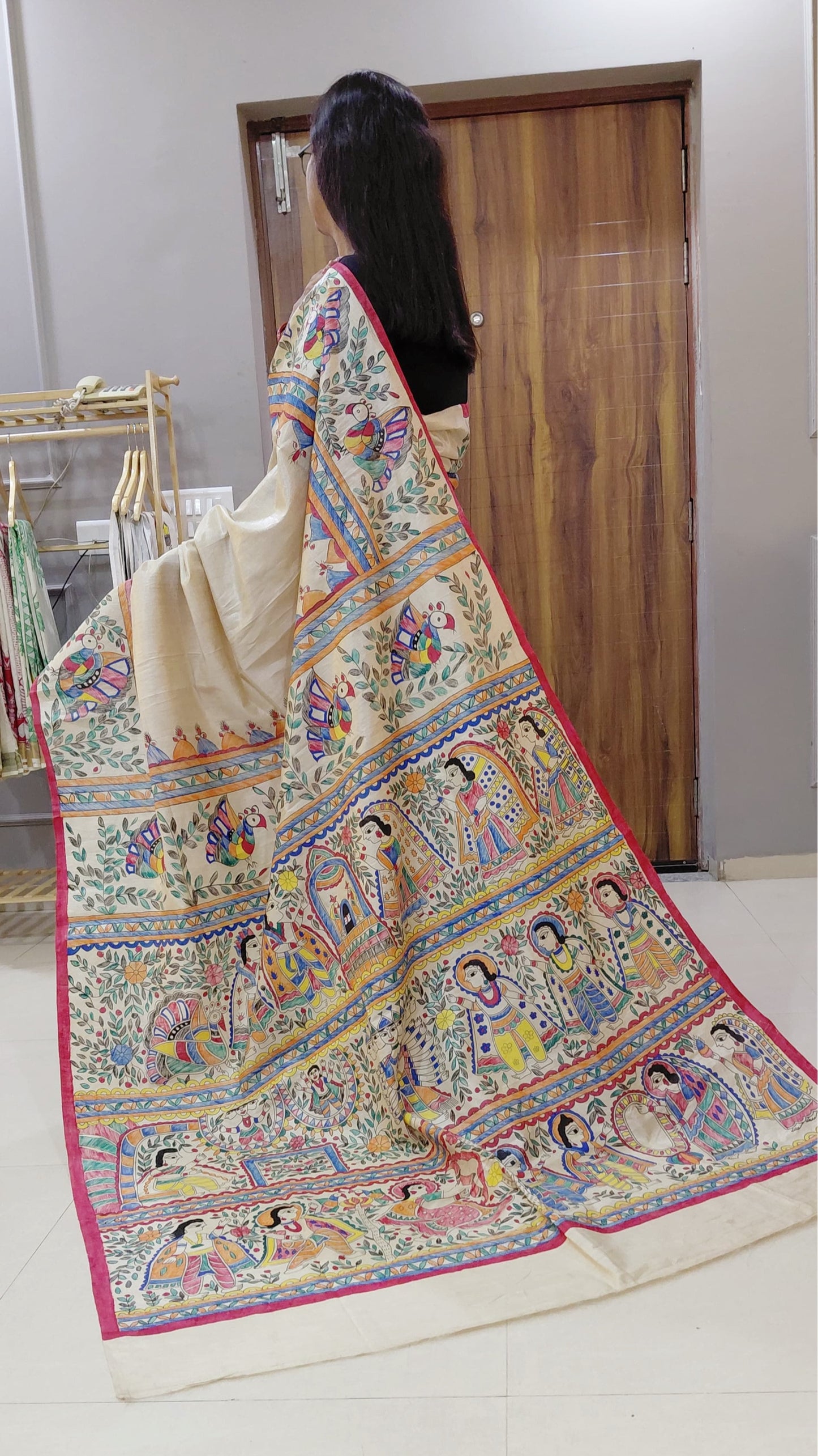 Ivory Tussar Silk Madhubani Saree | Rangika Studio