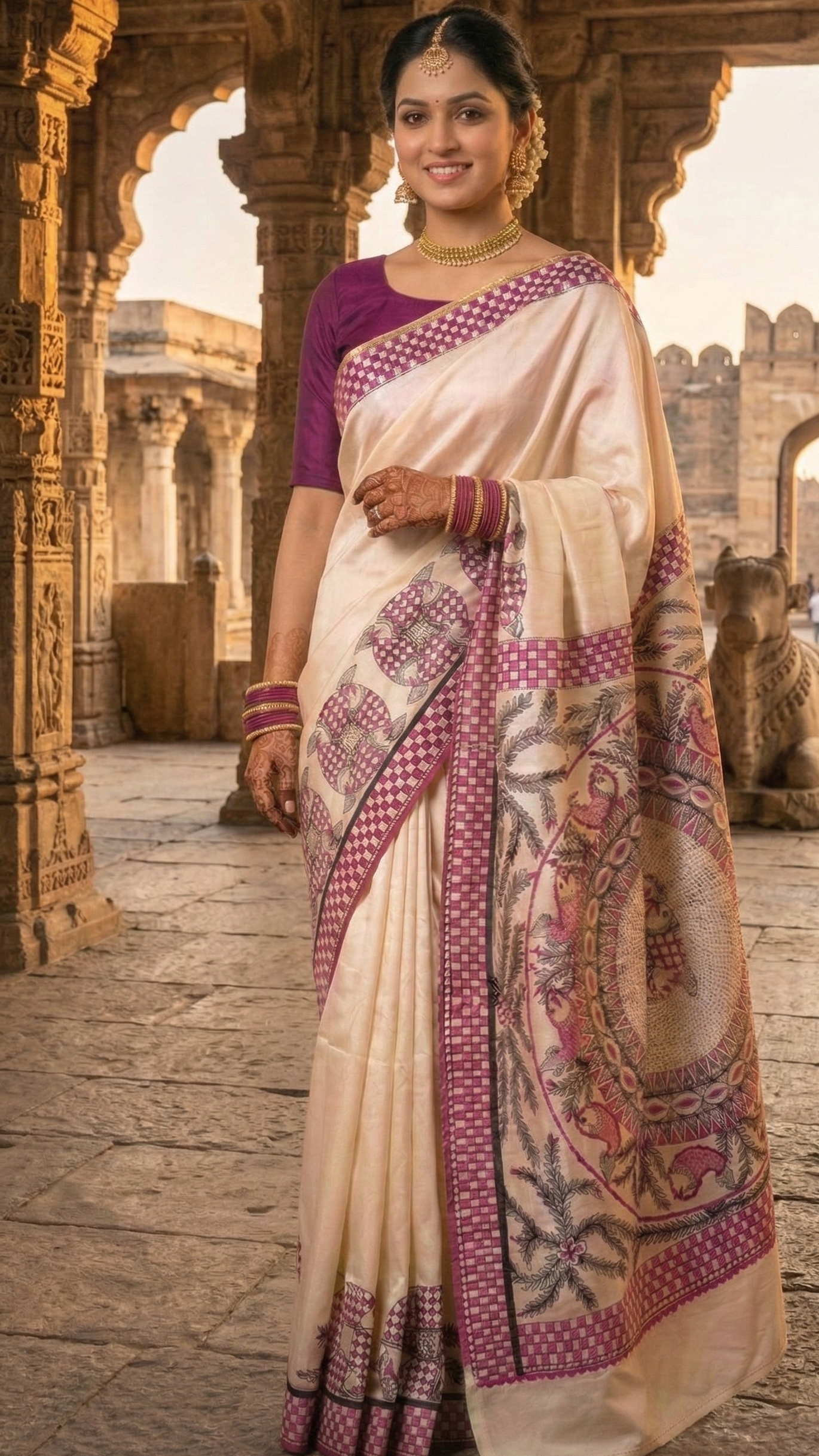 Off White Pure Silk Madhubani Saree | Heirloom Mithila Art | Rangika Studio