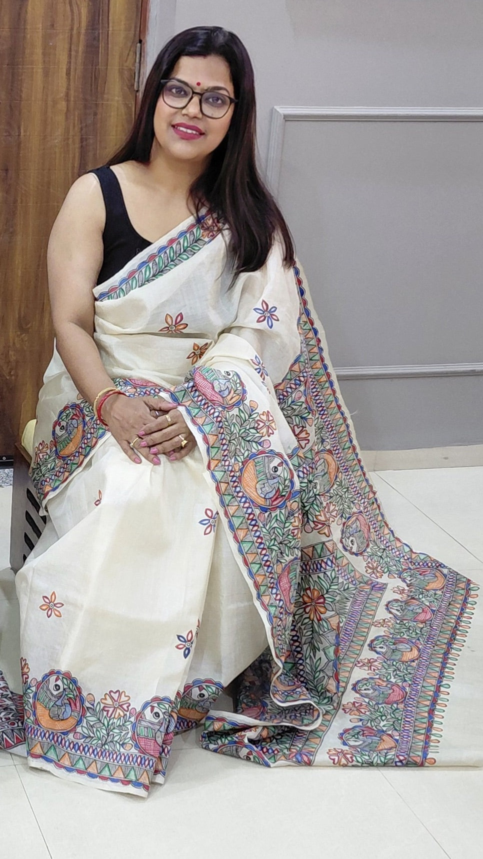 Ivory Pure Desi Tussar Silk Madhubani Saree with Krishna Raas Leela & Fish Motifs | Running Blouse