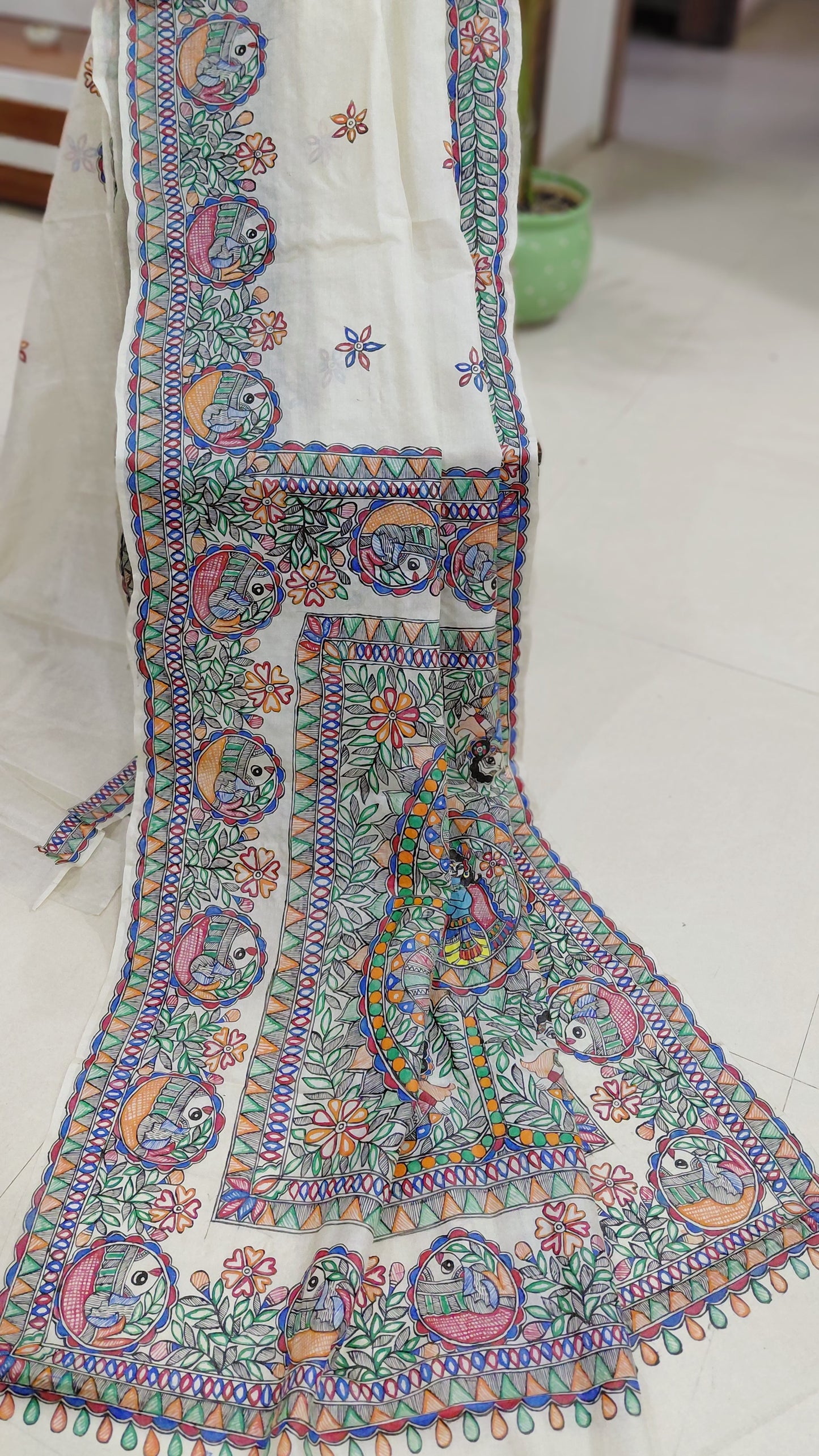Ivory Pure Desi Tussar Silk Madhubani Saree with Krishna Raas Leela & Fish Motifs | Running Blouse