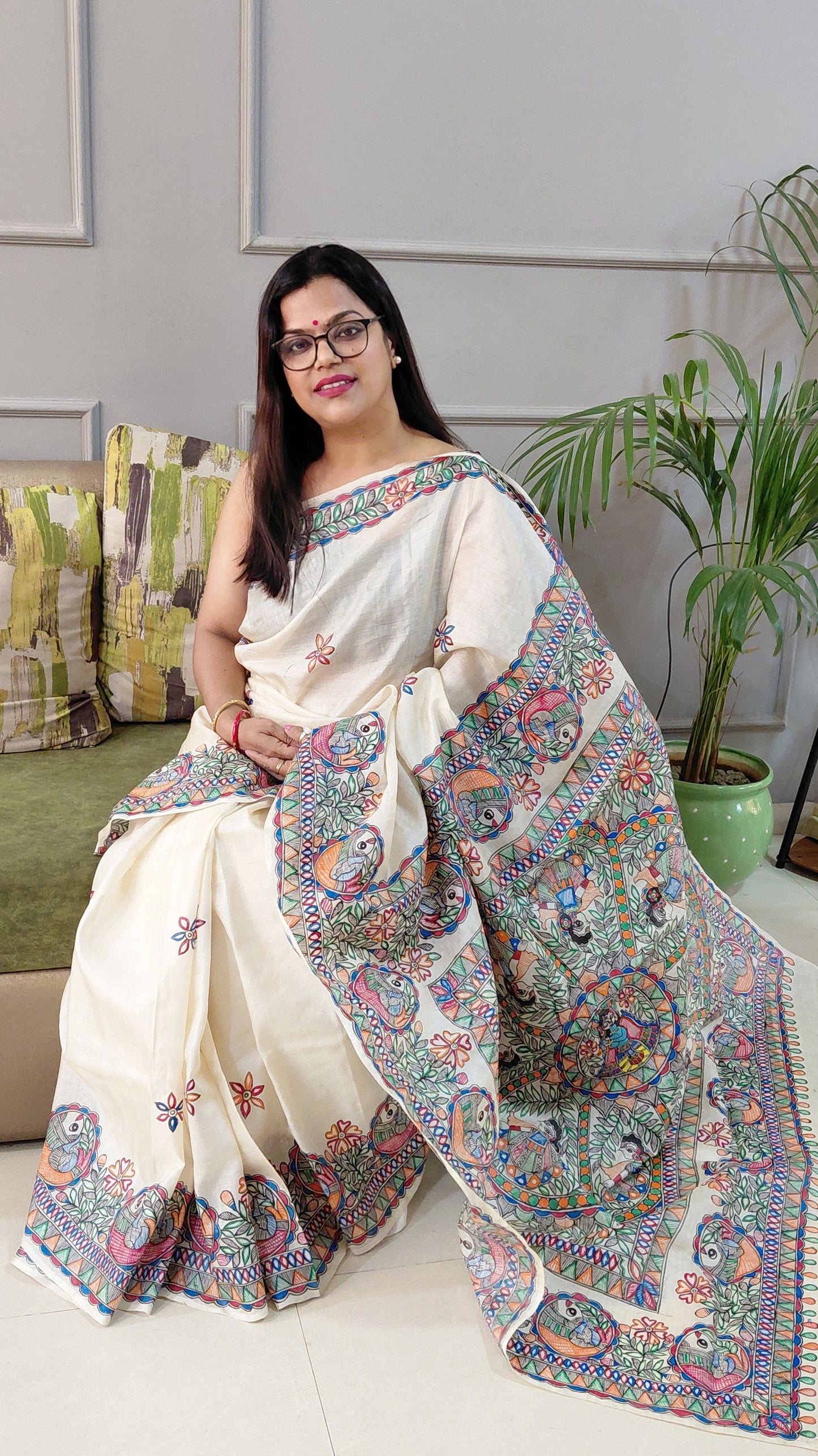 Ivory Pure Desi Tussar Silk Madhubani Saree with Krishna Raas Leela & Fish Motifs | Running Blouse