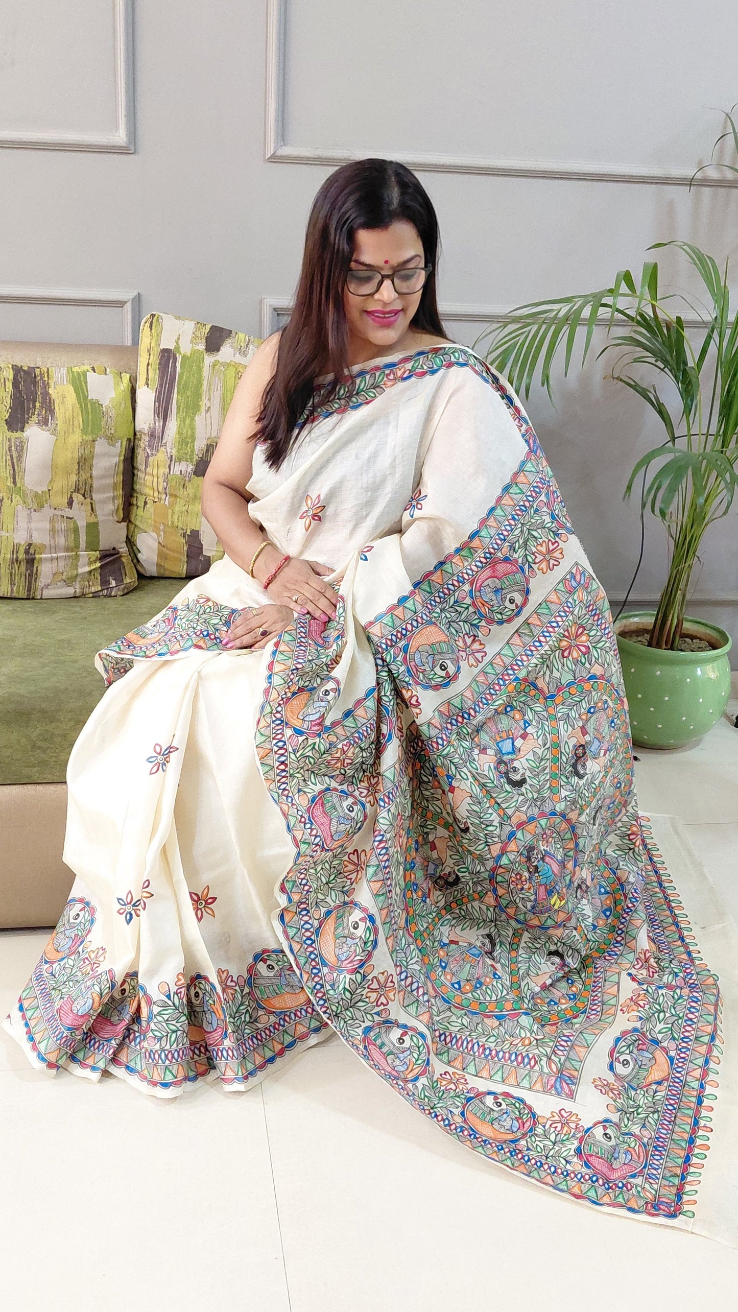 Ivory Pure Desi Tussar Silk Madhubani Saree with Krishna Raas Leela & Fish Motifs | Running Blouse
