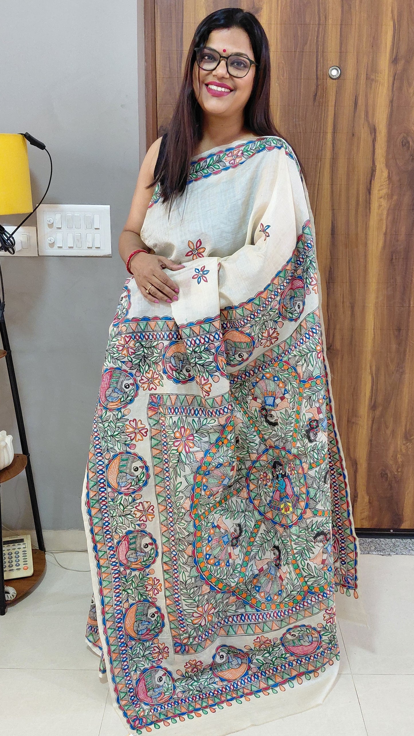 Ivory Pure Desi Tussar Silk Madhubani Saree with Krishna Raas Leela & Fish Motifs | Running Blouse