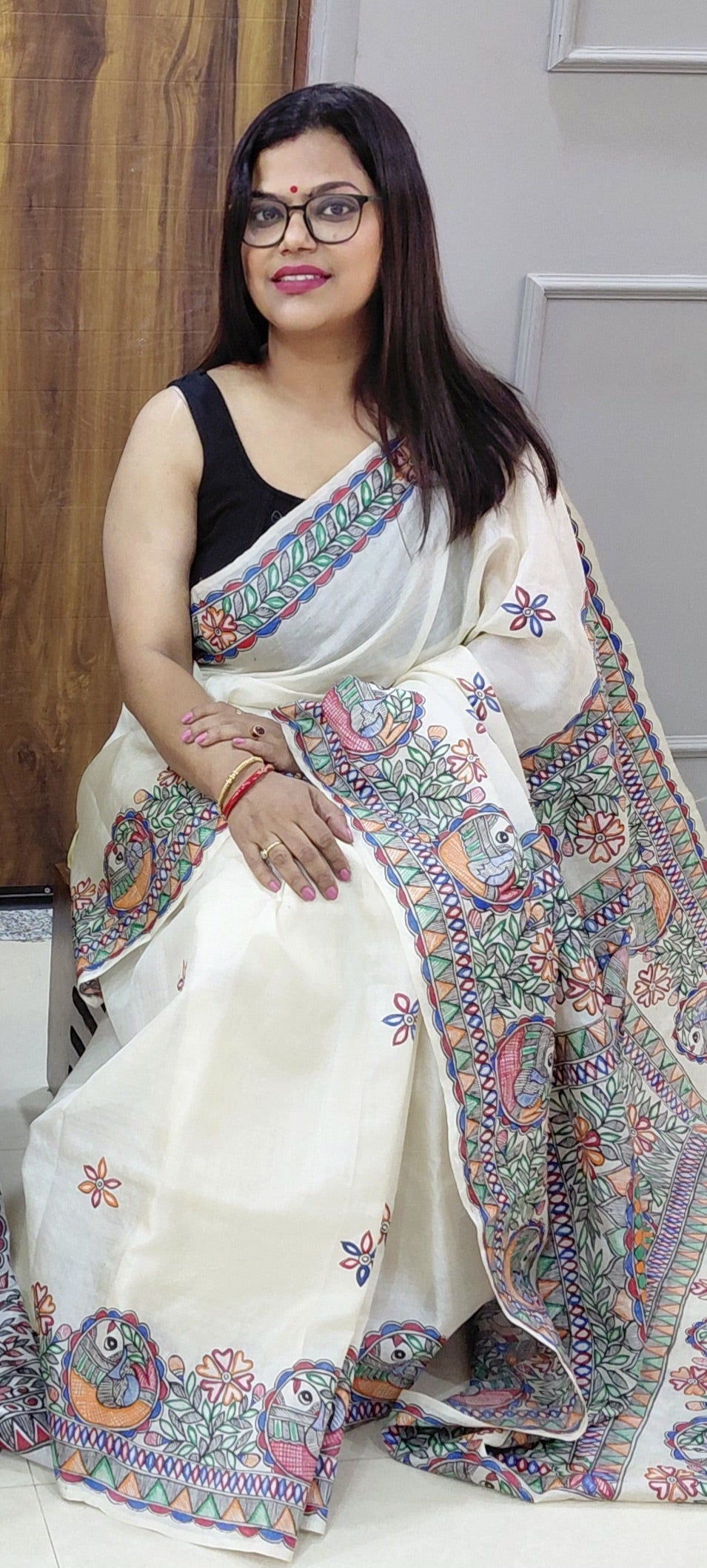 Ivory Pure Desi Tussar Silk Madhubani Saree with Krishna Raas Leela & Fish Motifs | Running Blouse