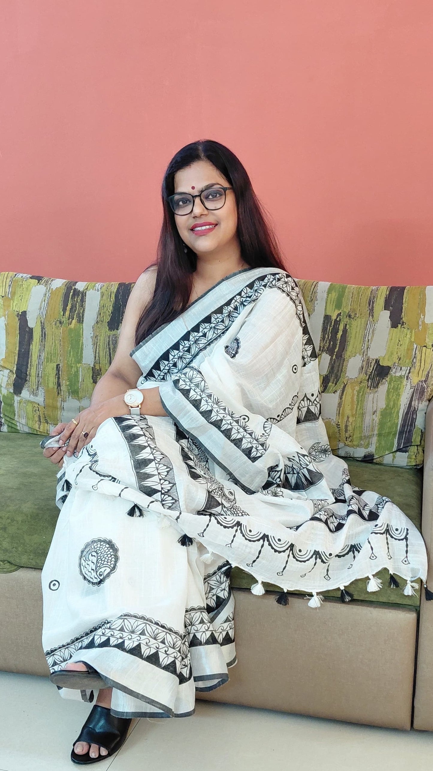 Ivory soft linen Madhubani saree with monochrome black motifs