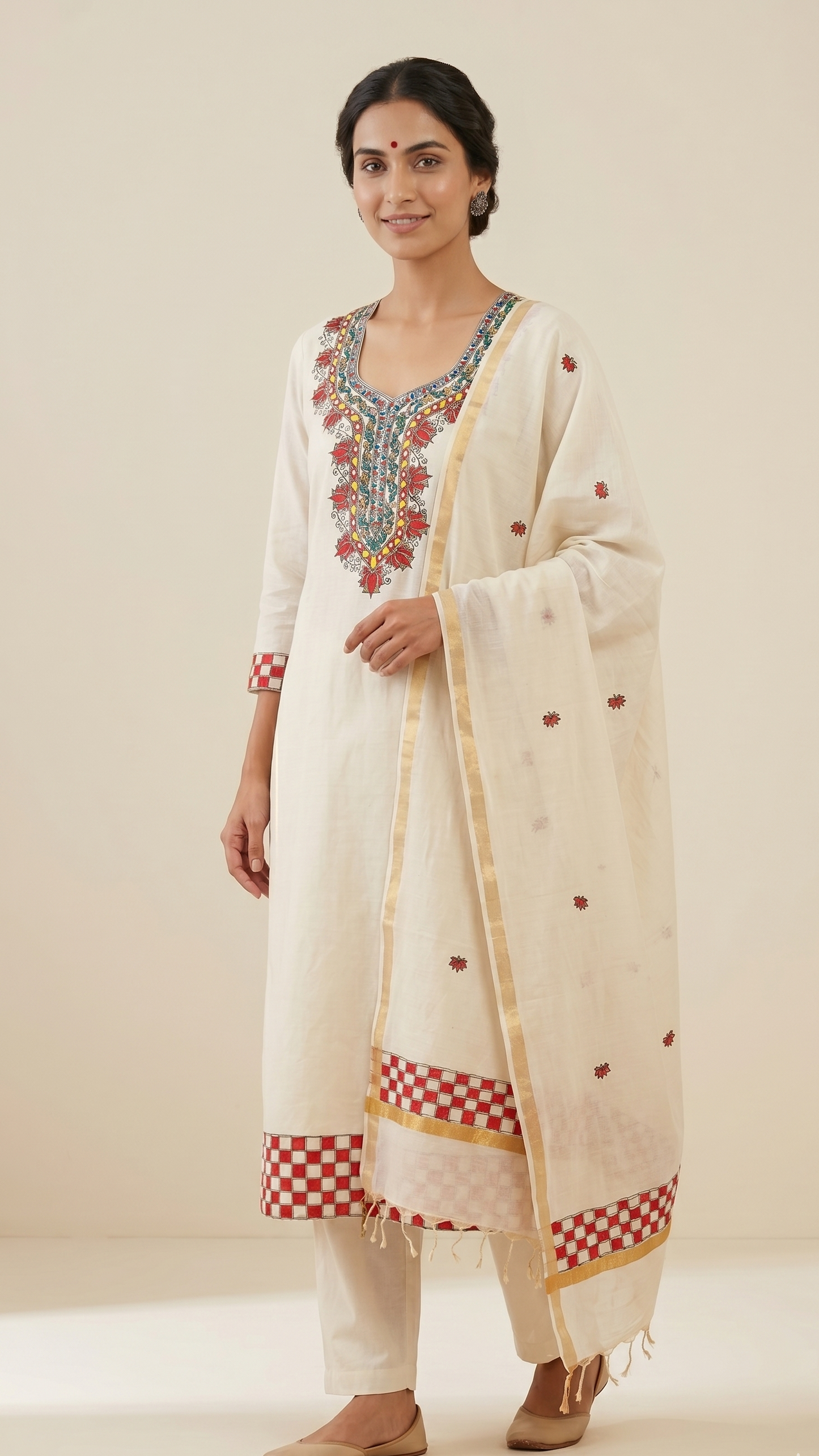 Ivory Grace – Hand-Painted Madhubani Katan Cotton 3-Piece Suit Set