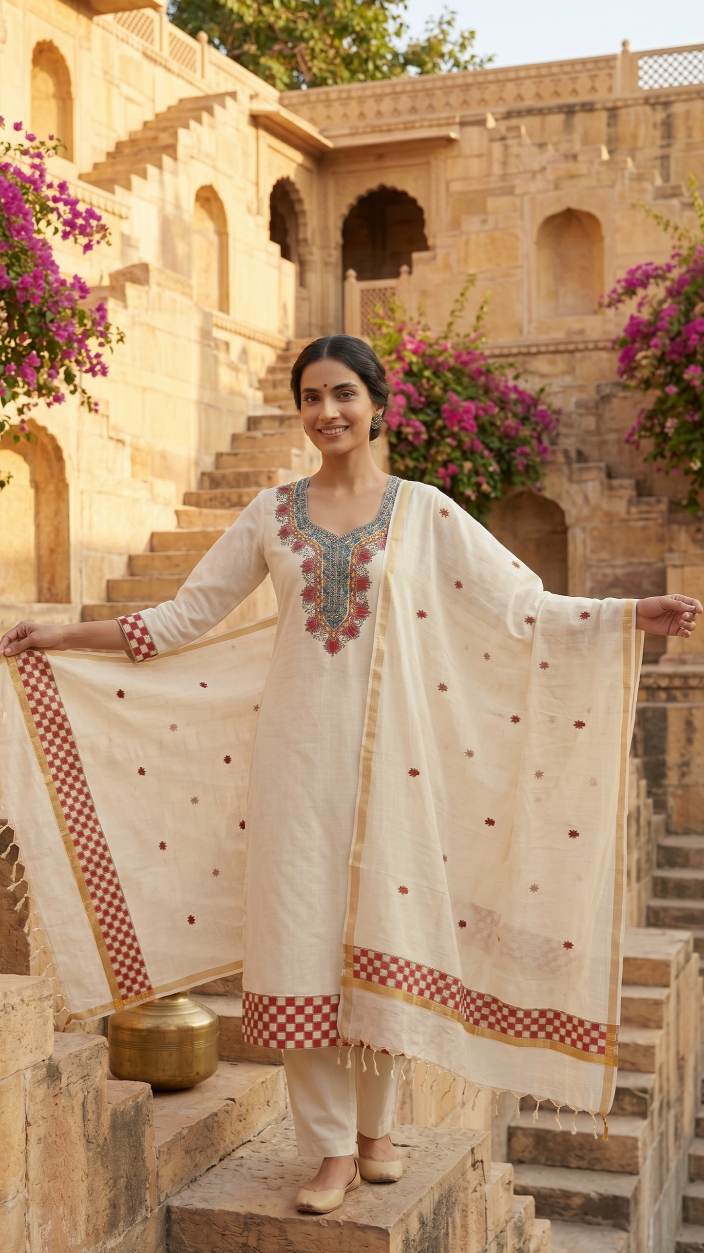 Ivory Grace – Hand-Painted Madhubani Katan Cotton 3-Piece Suit Set