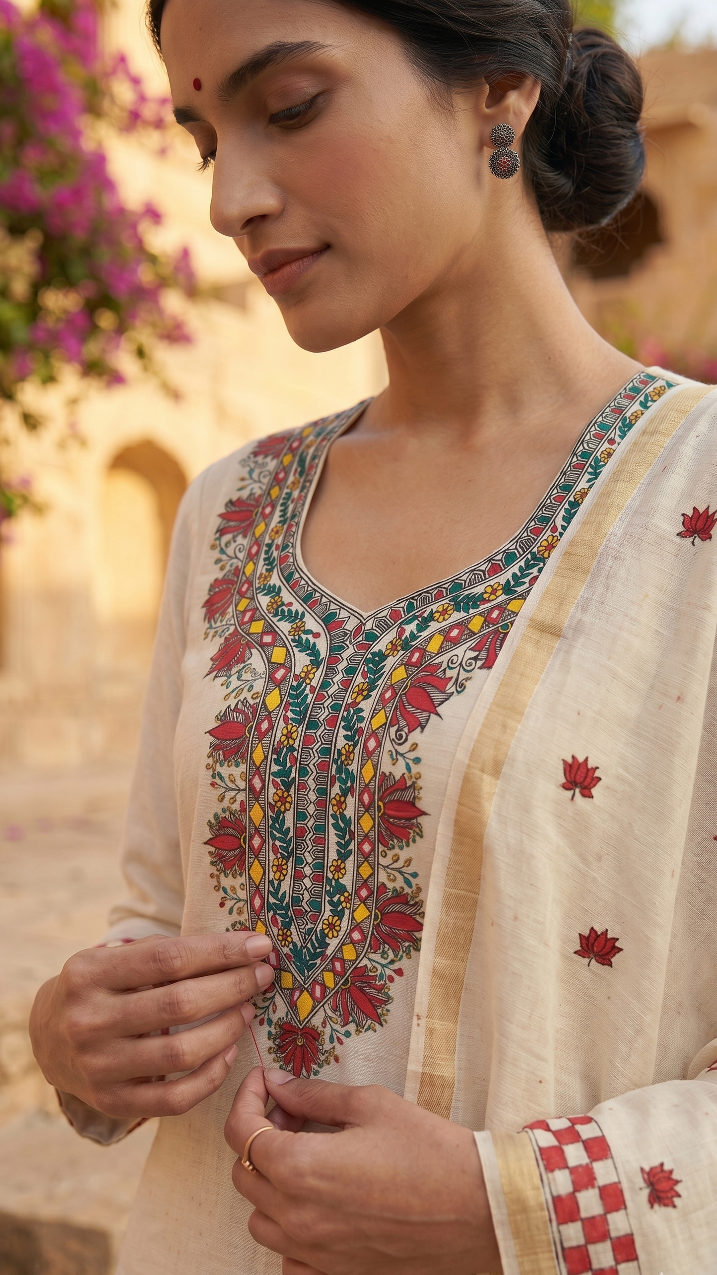 Ivory Grace – Hand-Painted Madhubani Katan Cotton 3-Piece Suit Set