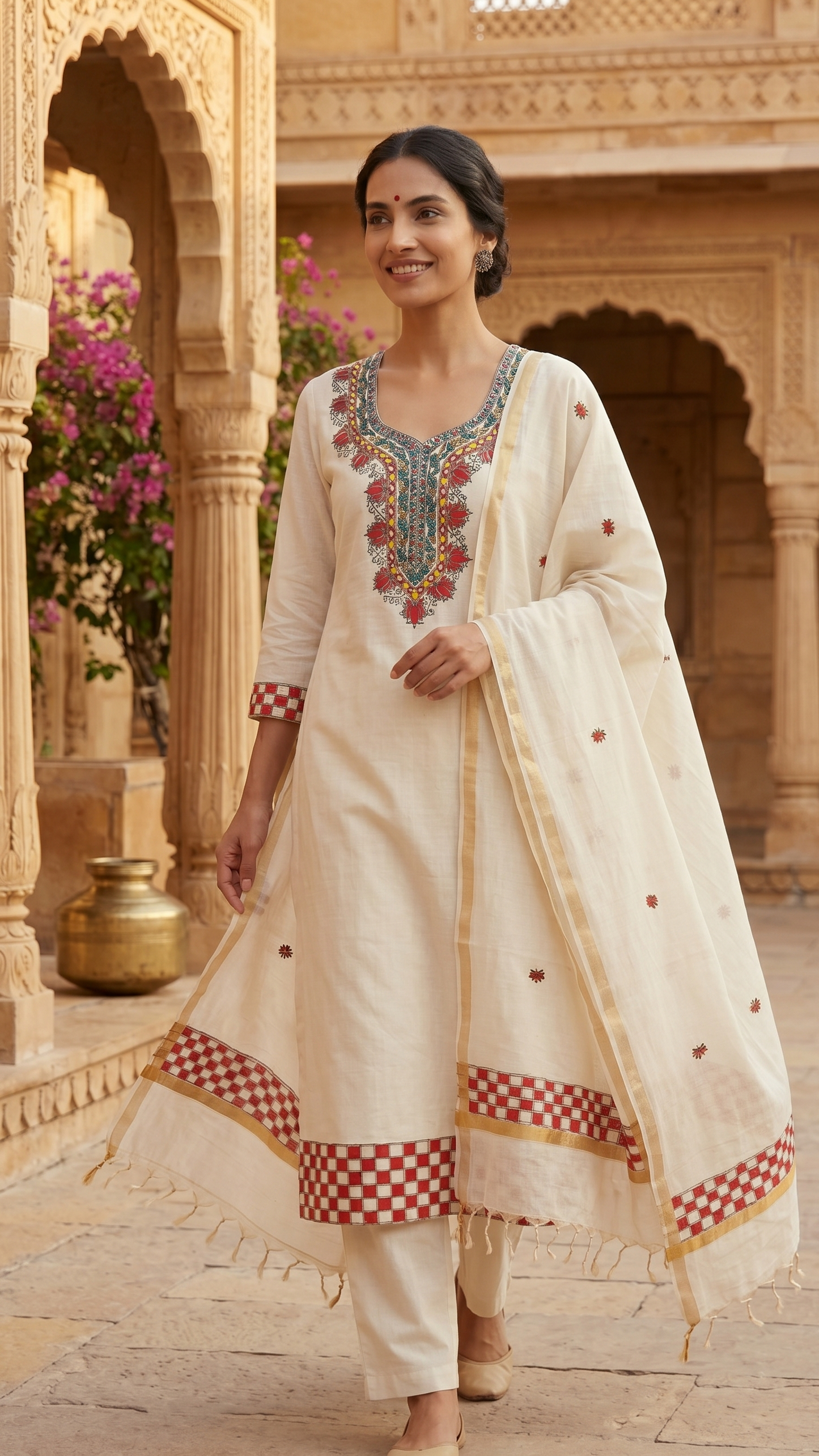 Ivory Grace – Hand-Painted Madhubani Katan Cotton 3-Piece Suit Set