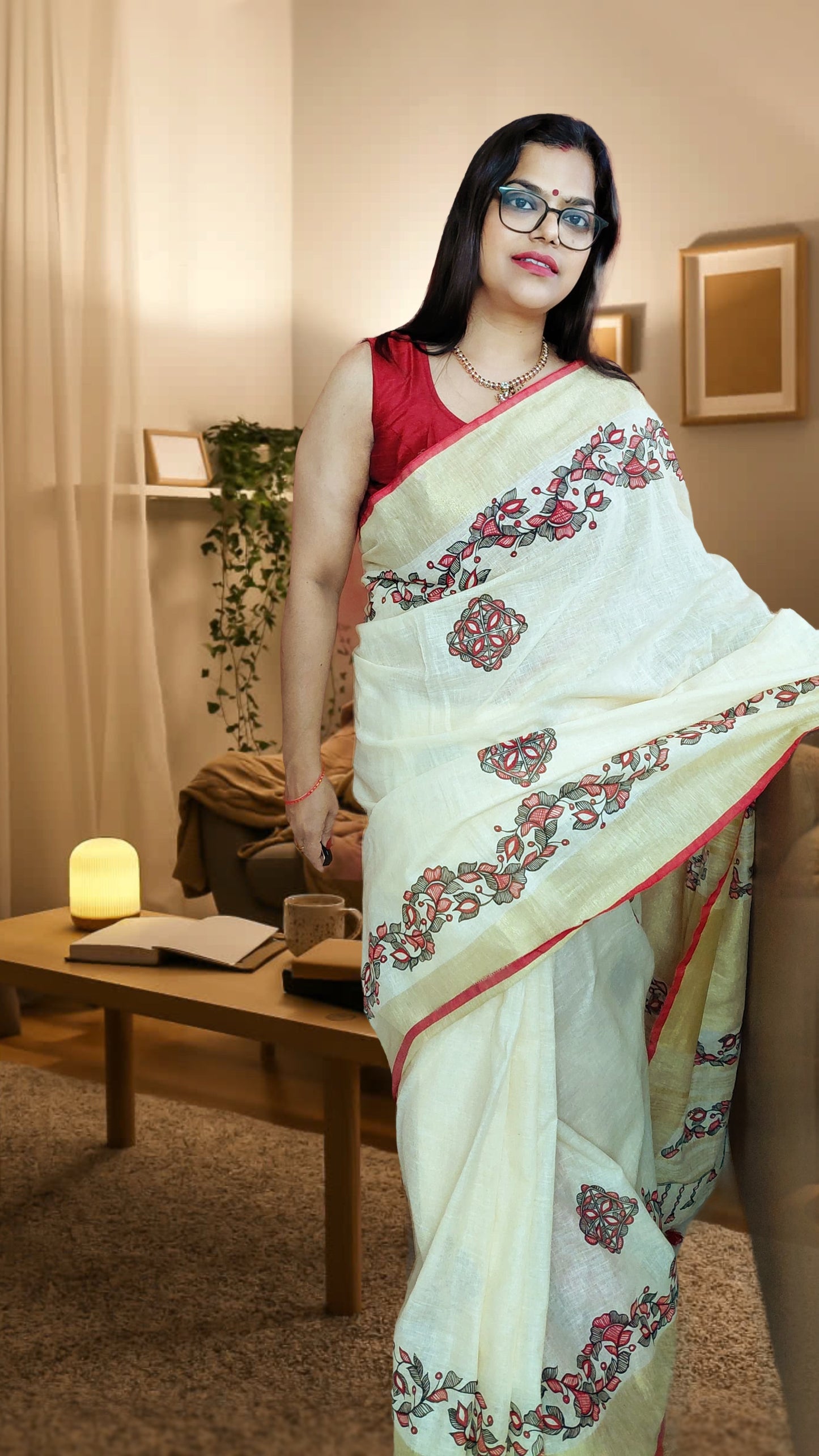 Ivory Bloom pure linen saree with floral motifs