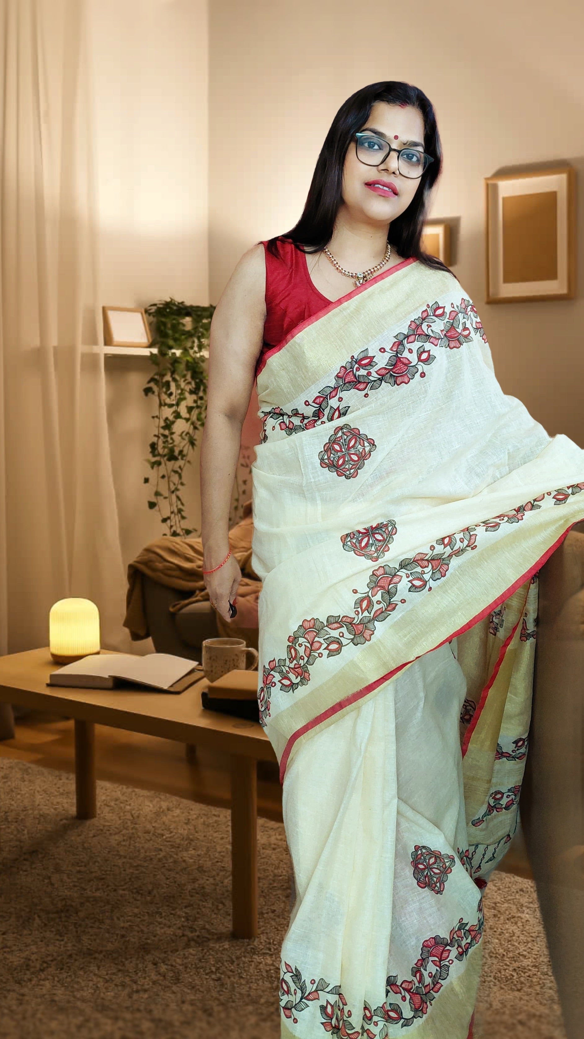 Ivory Bloom pure linen saree with floral motifs
