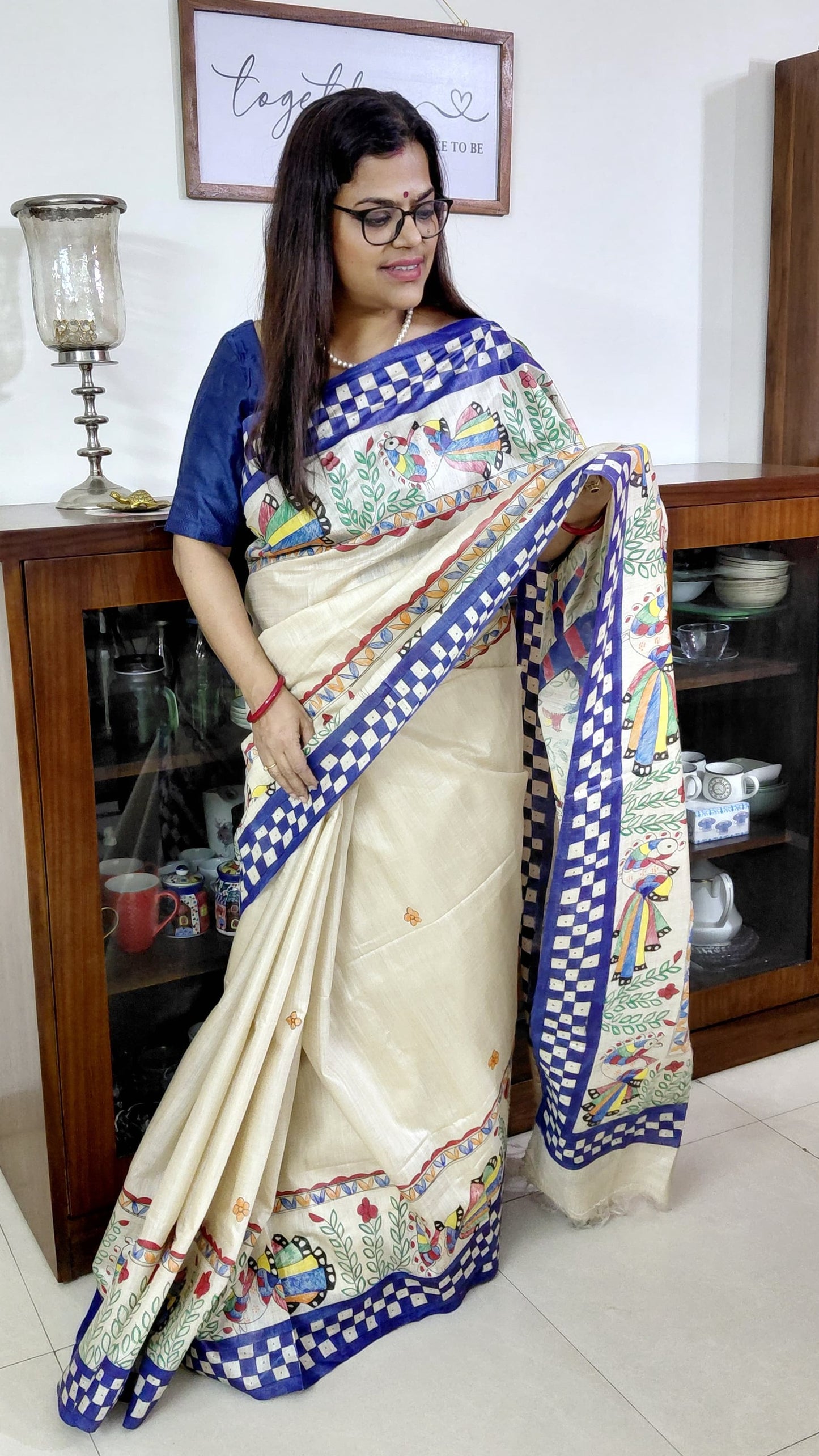 Ivory Tussar silk Madhubani saree front drape with blue border