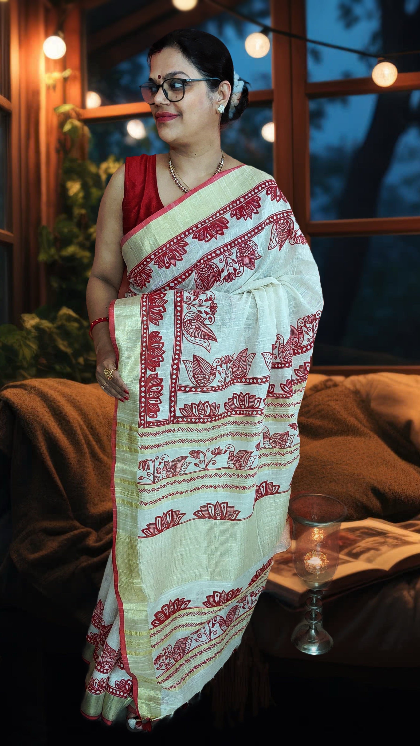 Ivory white linen saree with Madhubani lotus motifs