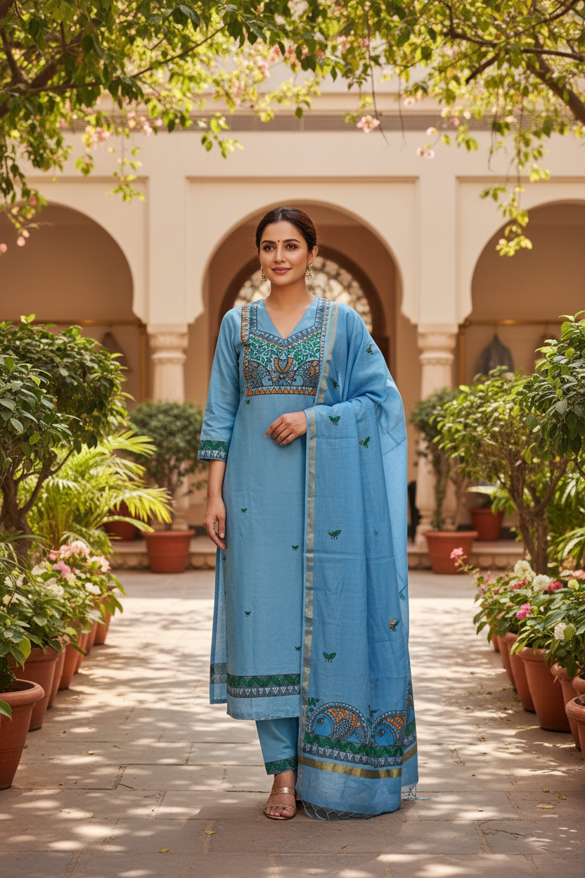 sky blue ethnic suit madhubani artwork india