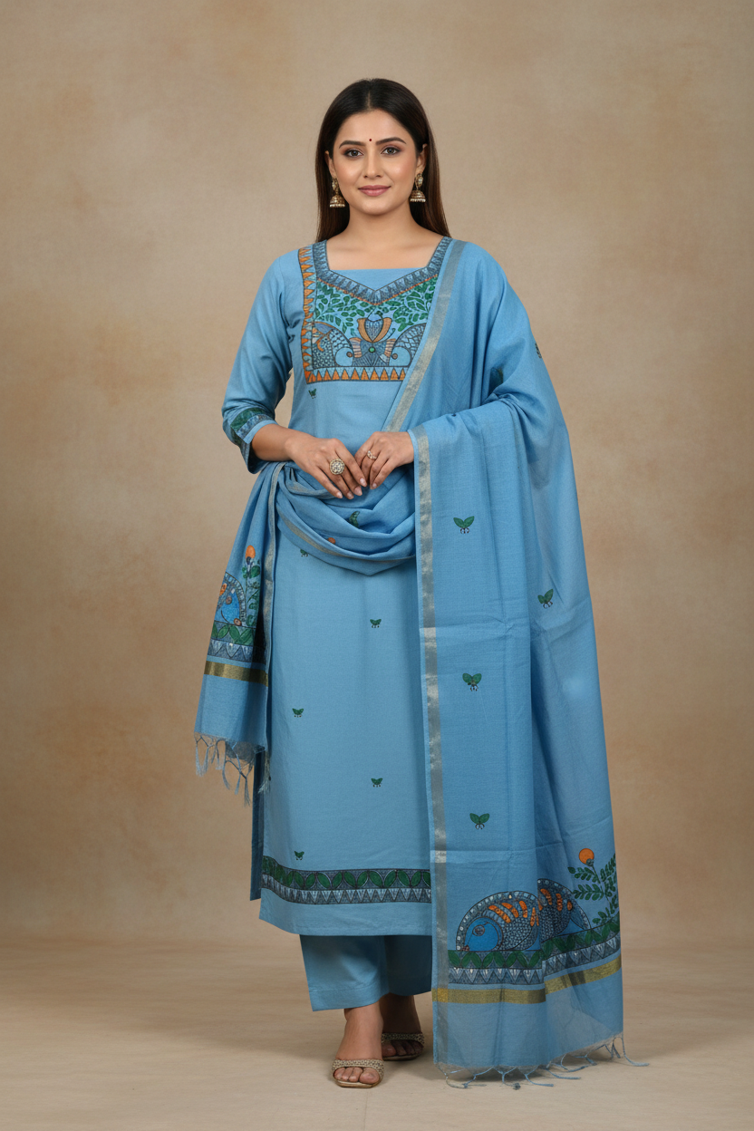 madhubani fish motif neckline sky blue suit