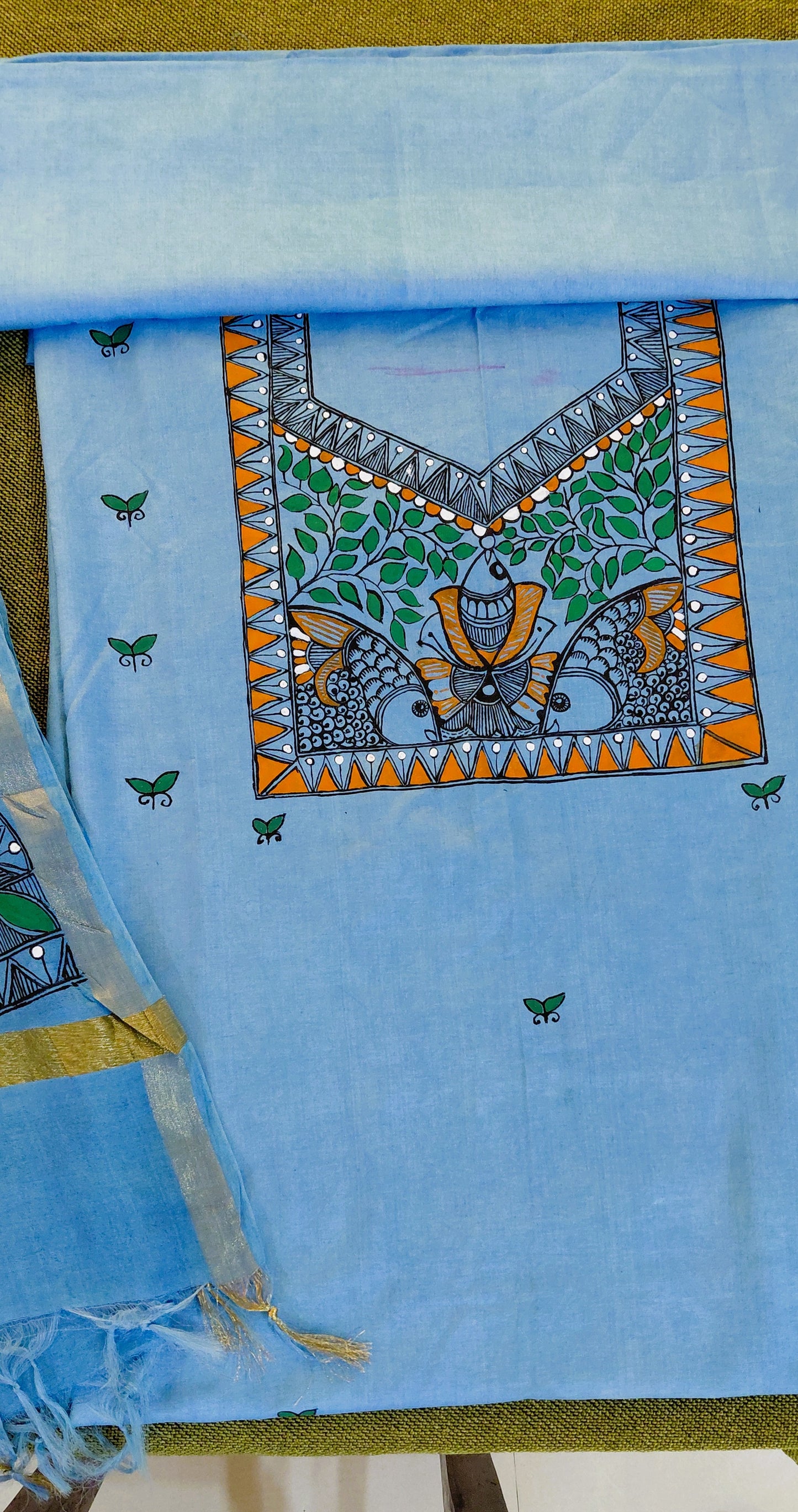 katan cotton suit set hand painted mithila art sky blue