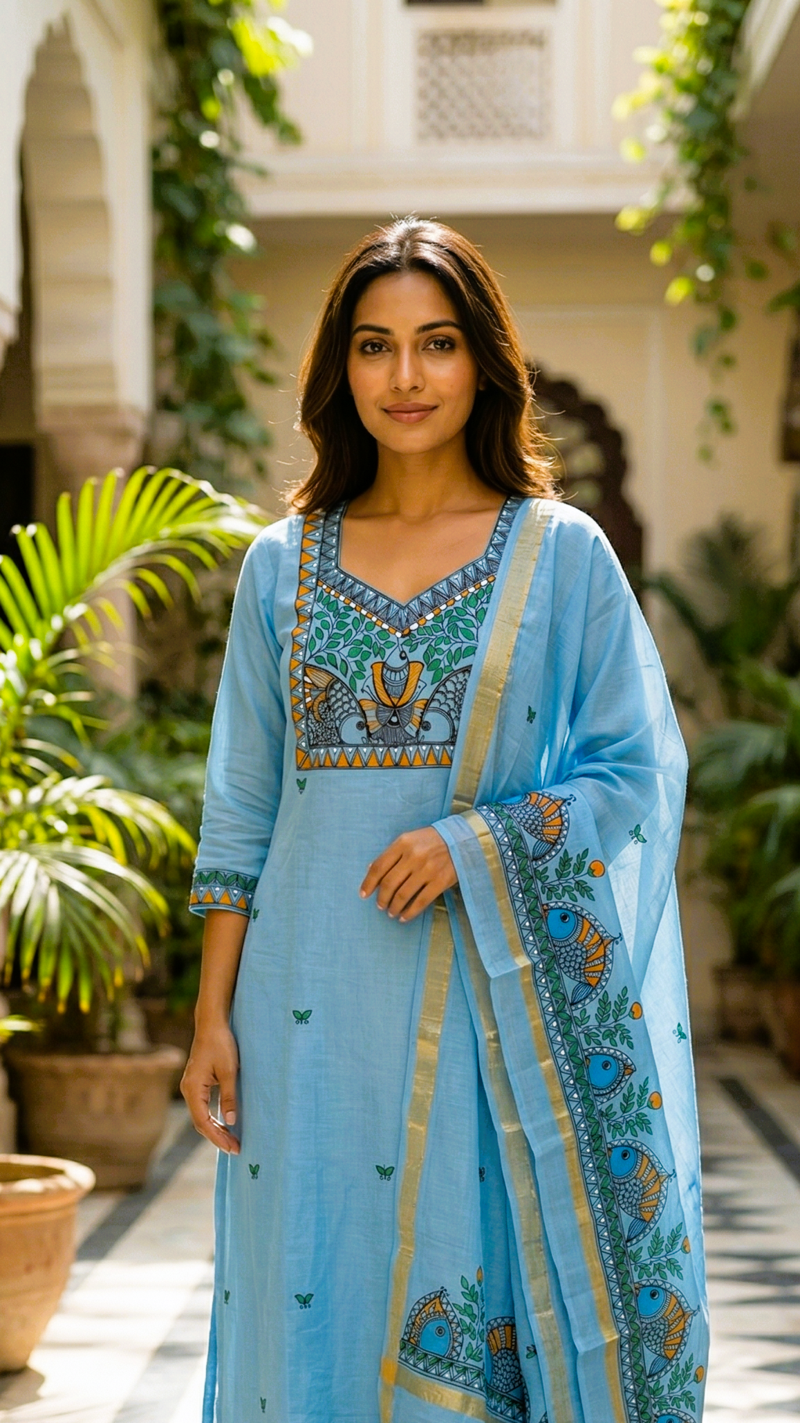 sky blue madhubani hand painted katan cotton suit set