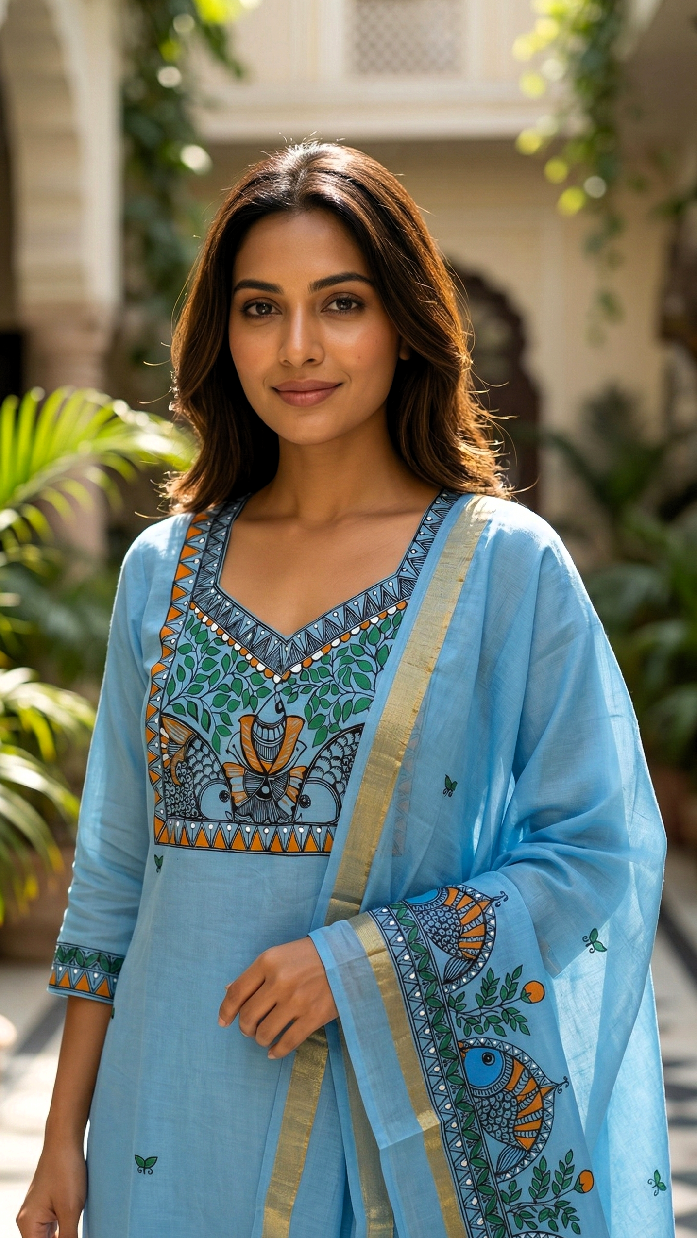 hand painted dupatta zari border katan cotton