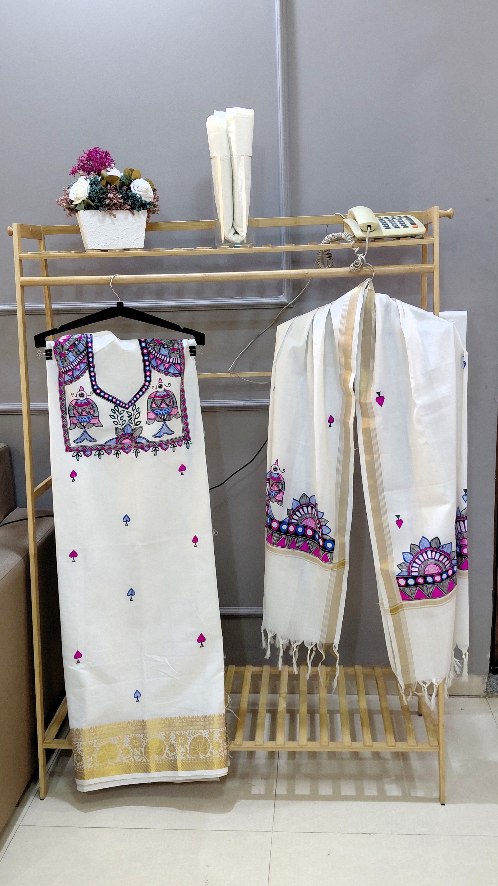 madhubani fish motif ivory suit kerala cotton