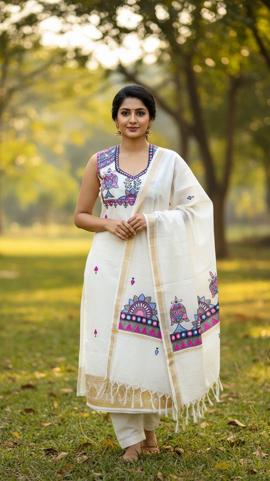 ivory madhubani hand painted kerala cotton suit set