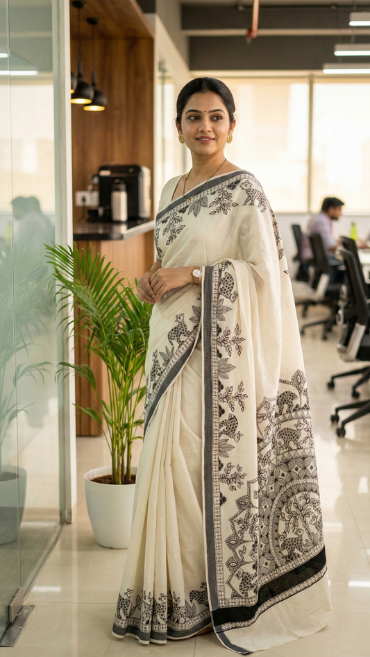 🦌 Ivory Kasavu Cotton Madhubani Saree | Rangika Studio