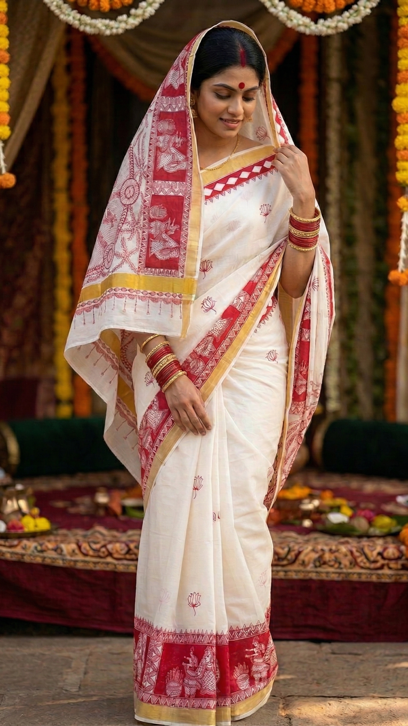 ⭐Ivory Kasavu Cotton Madhubani Saree | Rangika Studio