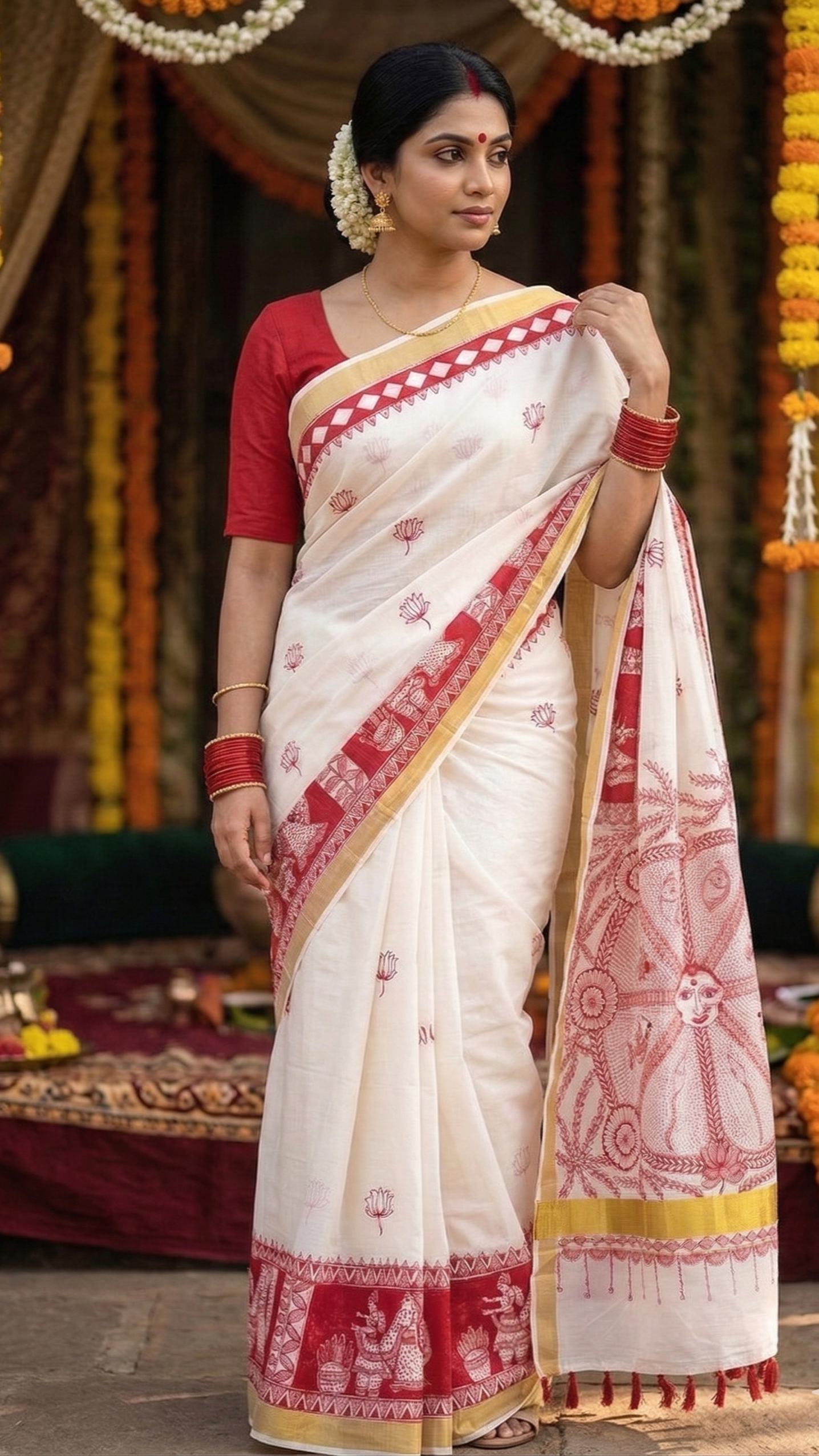 ⭐Ivory Kasavu Cotton Madhubani Saree | Rangika Studio