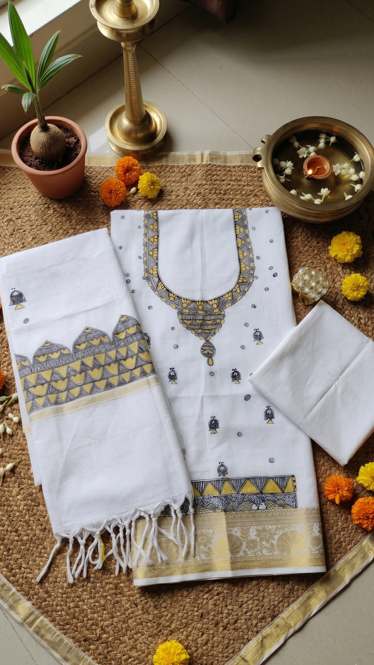 Hand-painted Madhubani Kerala cotton 3 piece suit set flat lay in Black, white and gold
