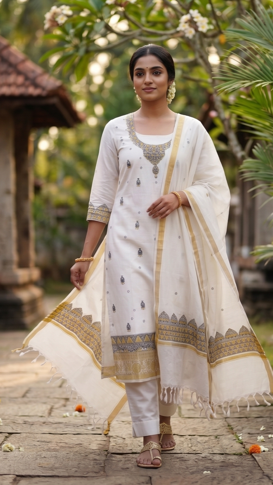 Model wearing hand-painted Madhubani Kerala cotton suit set