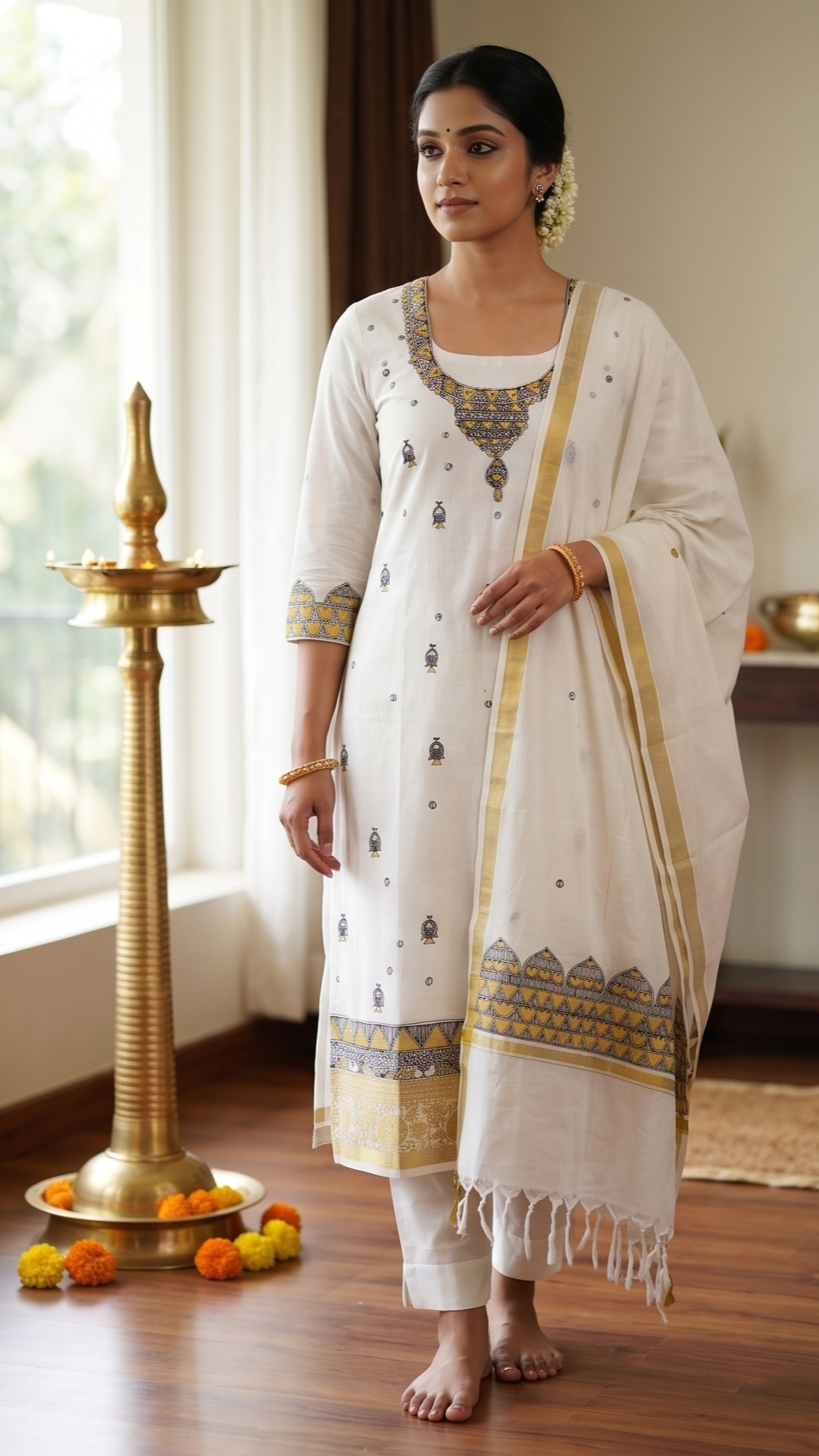 Festive handcrafted Indian ethnic kerala cotton madhubani suit set with dupatta