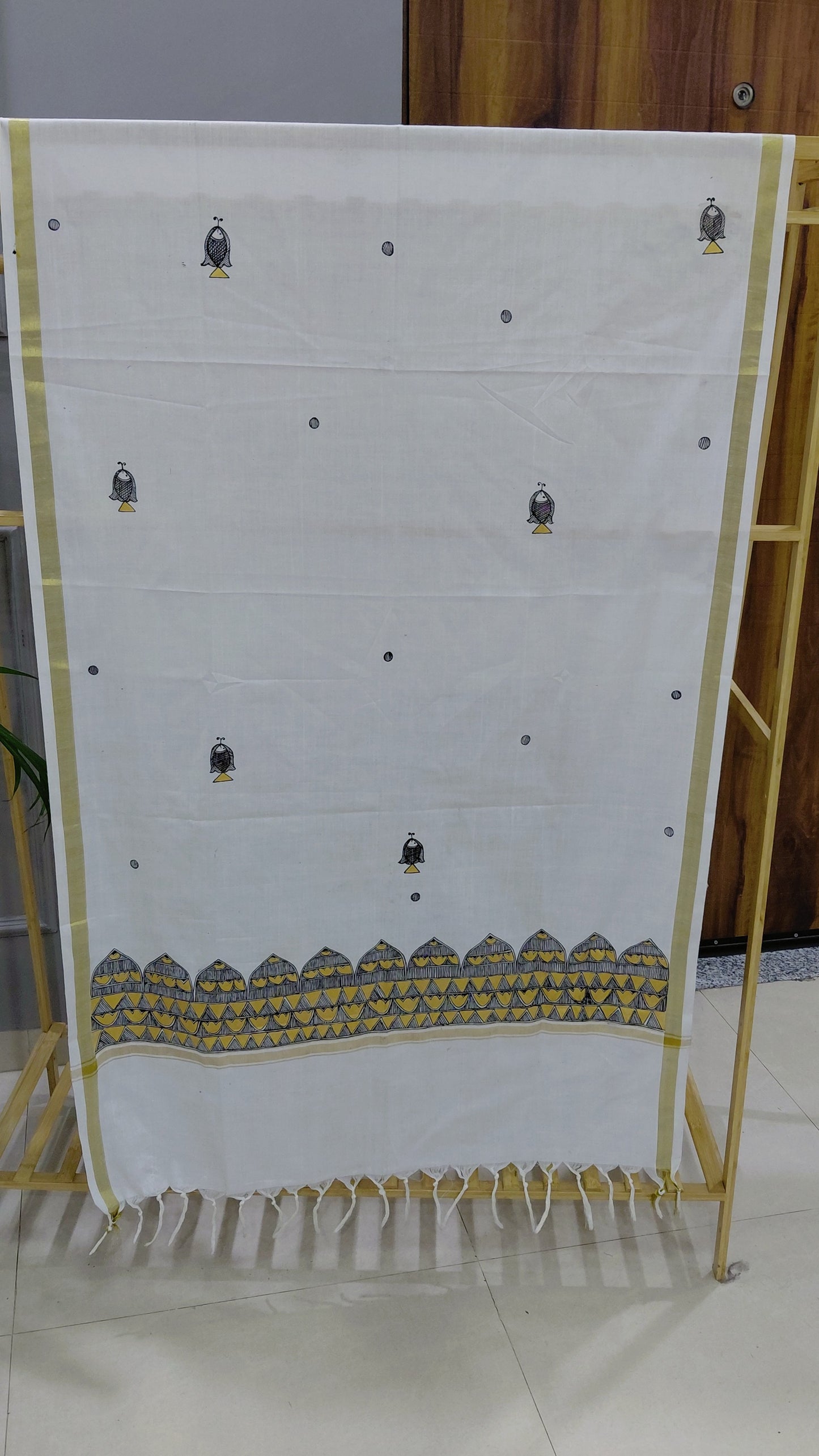 Hand-painted Madhubani dupatta with geometric pallu artwork with tassels