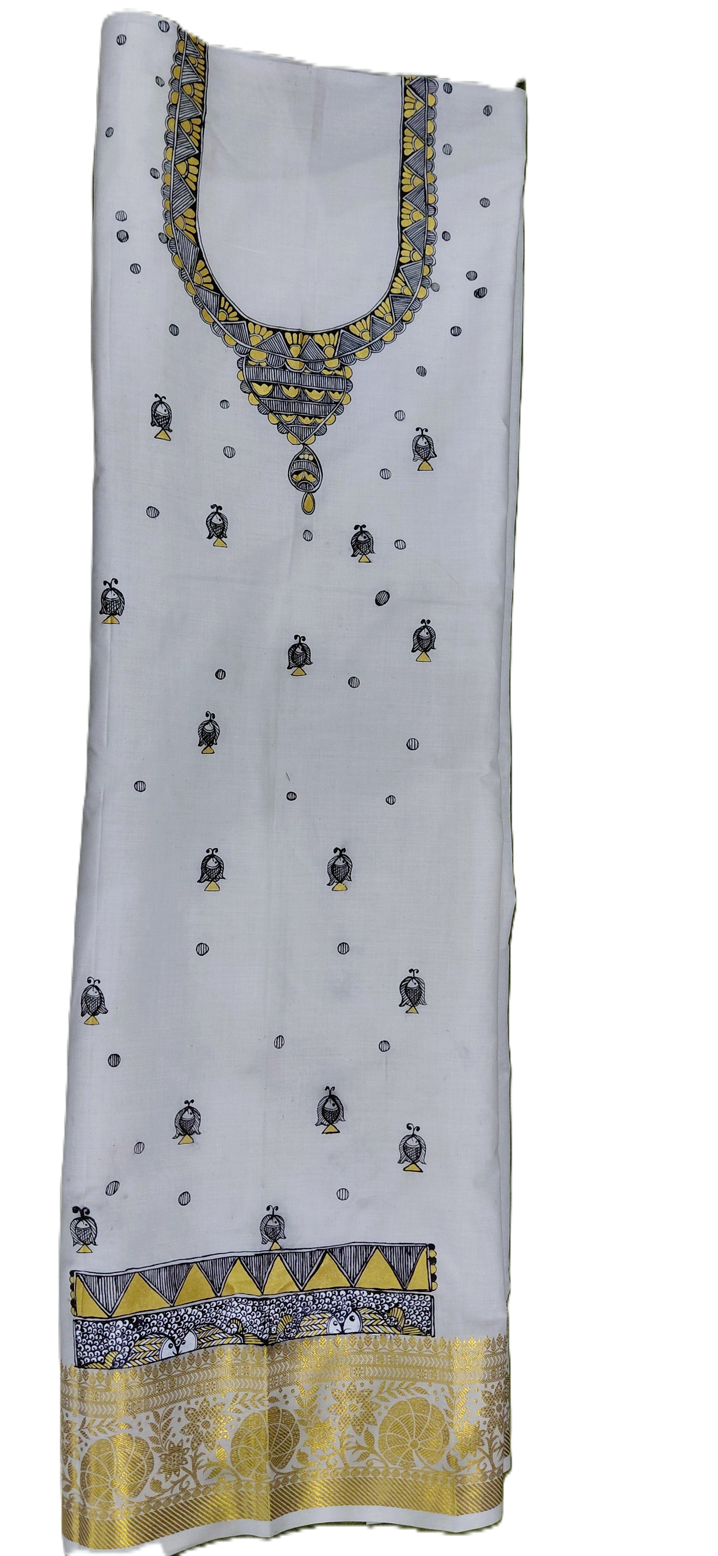 White Kerala cotton Madhubani kurta with hand-painted neckline design