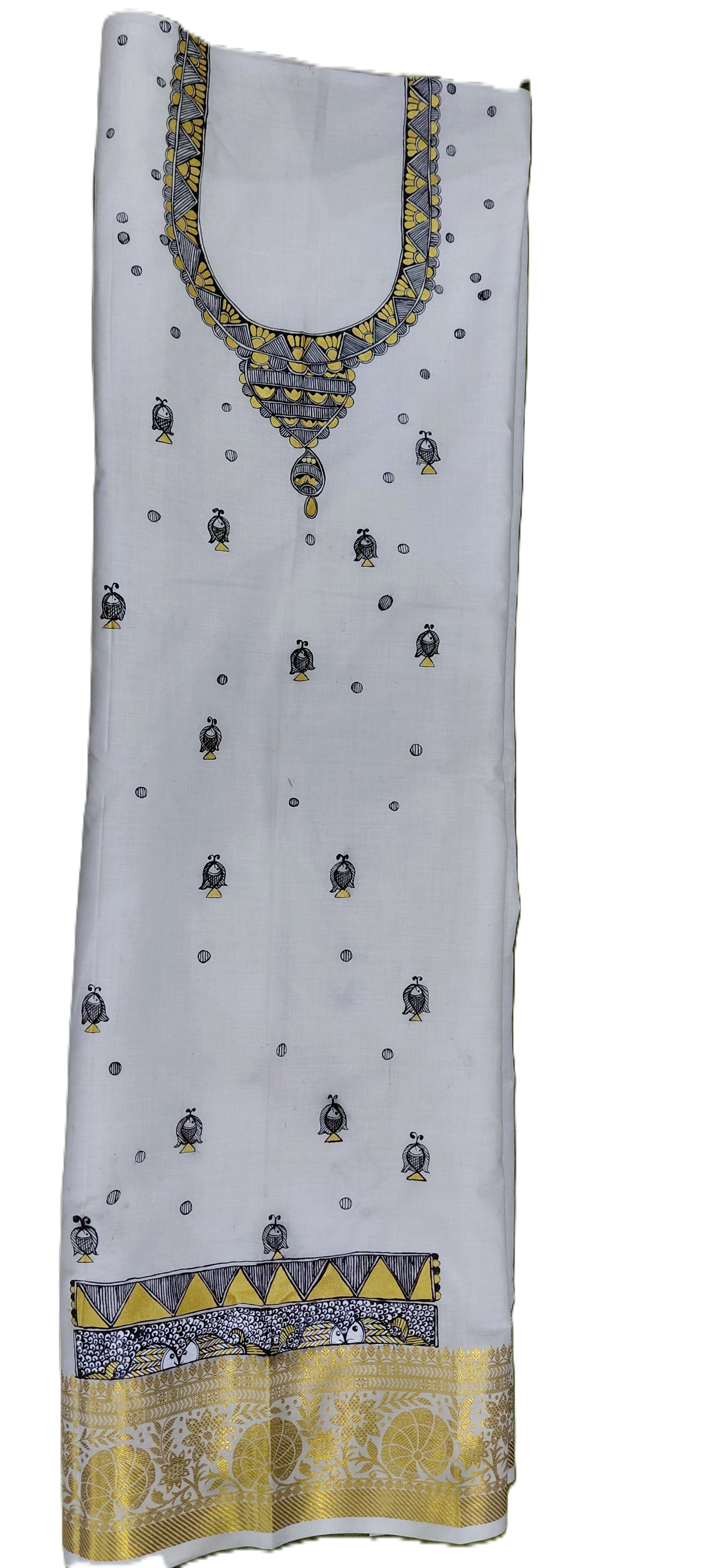 White Kerala cotton Madhubani kurta with hand-painted neckline design