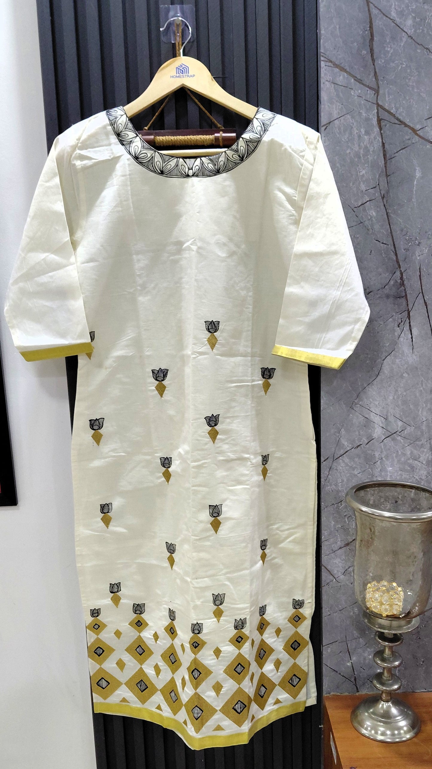 Hand-painted off-white Kerala cotton kurta with Madhubani lotus motifs