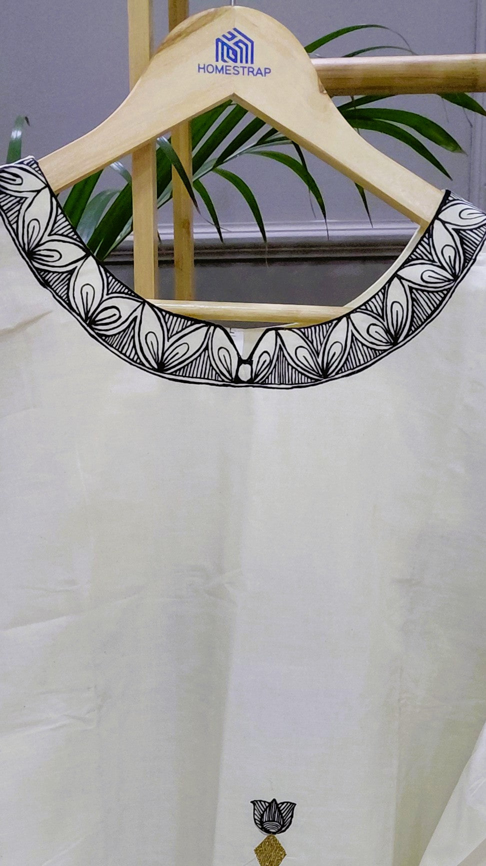 Close-up neckline detailing of hand-painted Madhubani Kerala cotton kurta