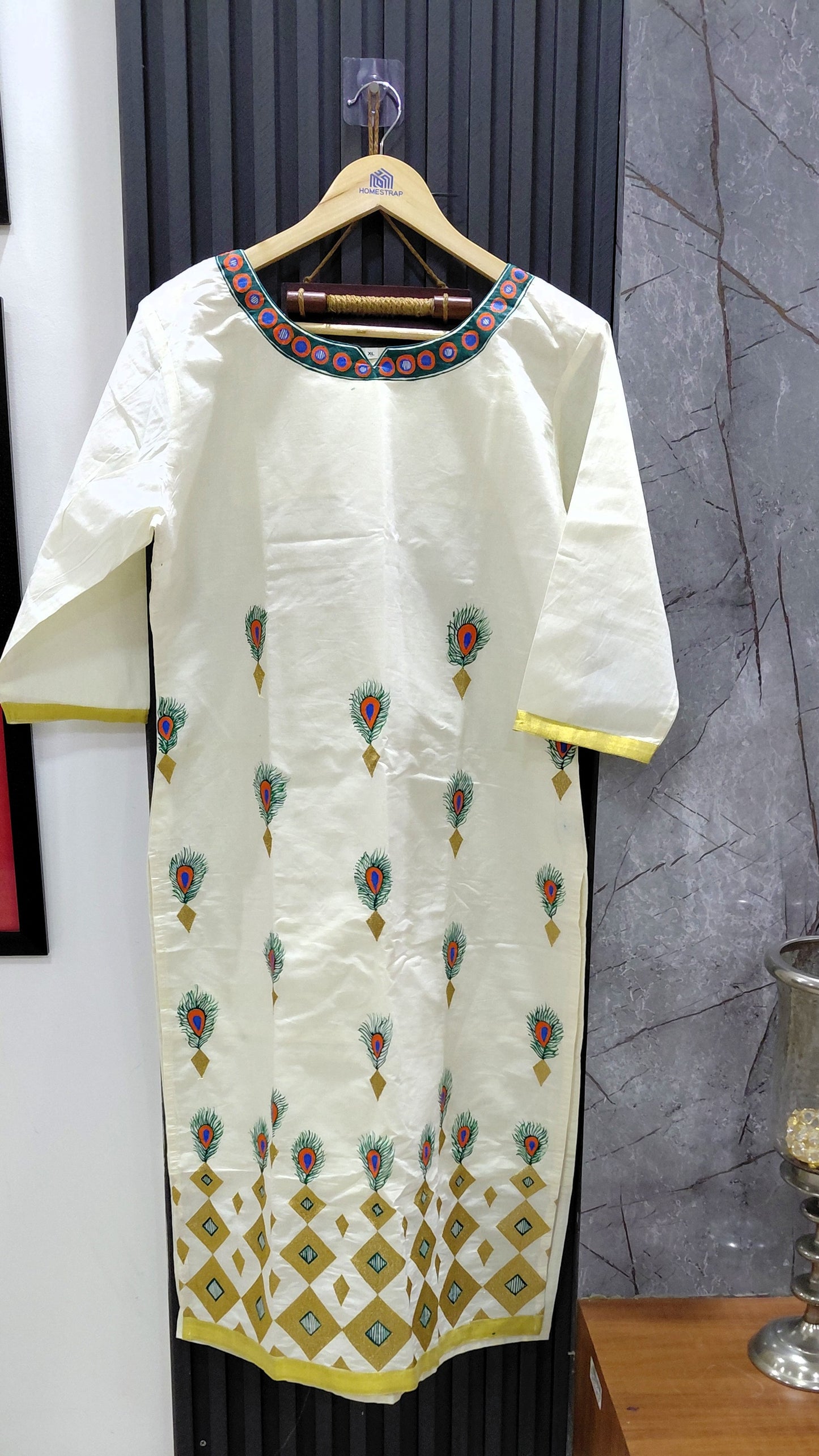 Off-white Kerala cotton kurta with peacock feather Madhubani motifs
