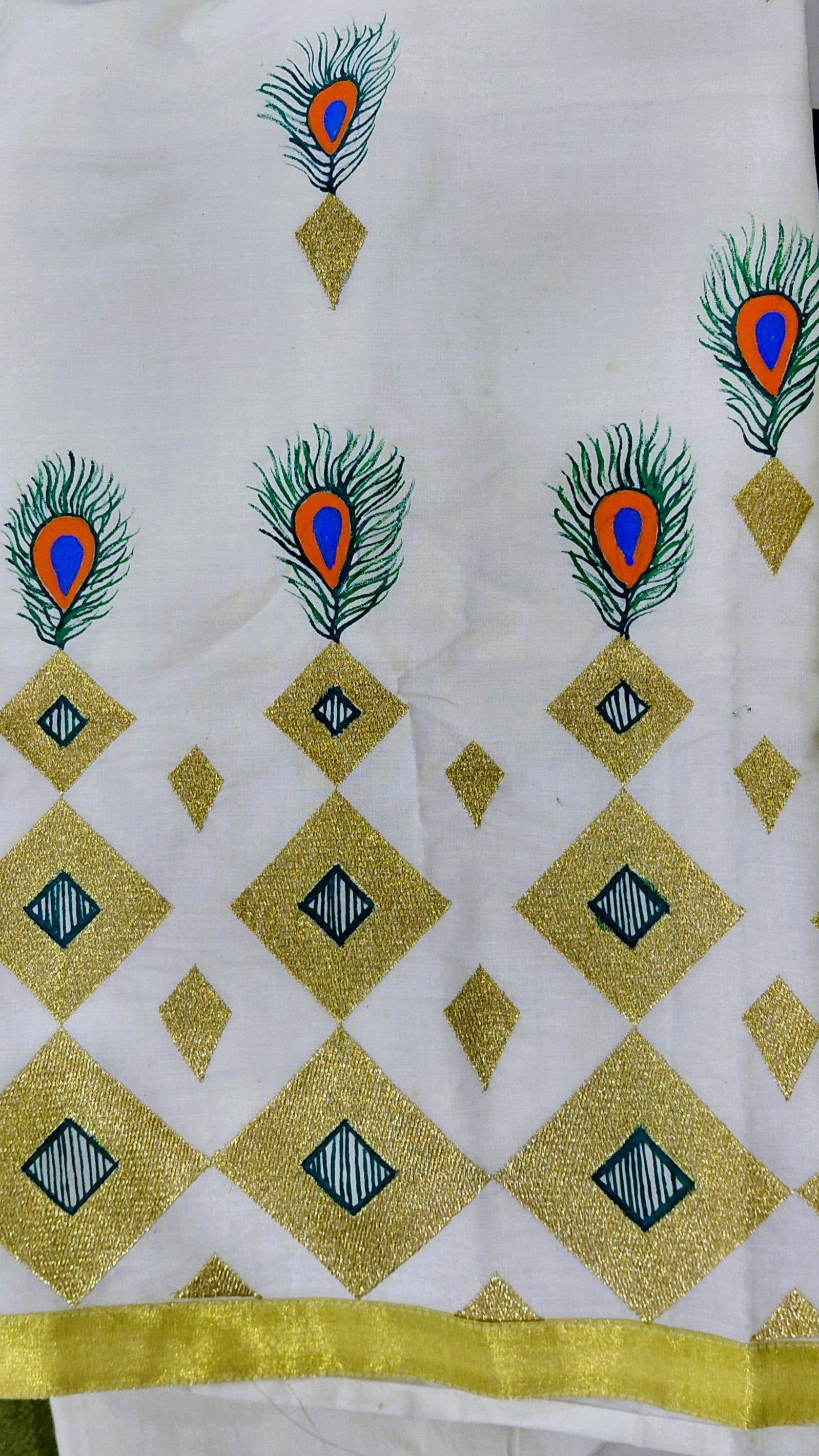 Peacock feather Madhubani hand-painted kurta close-up detail