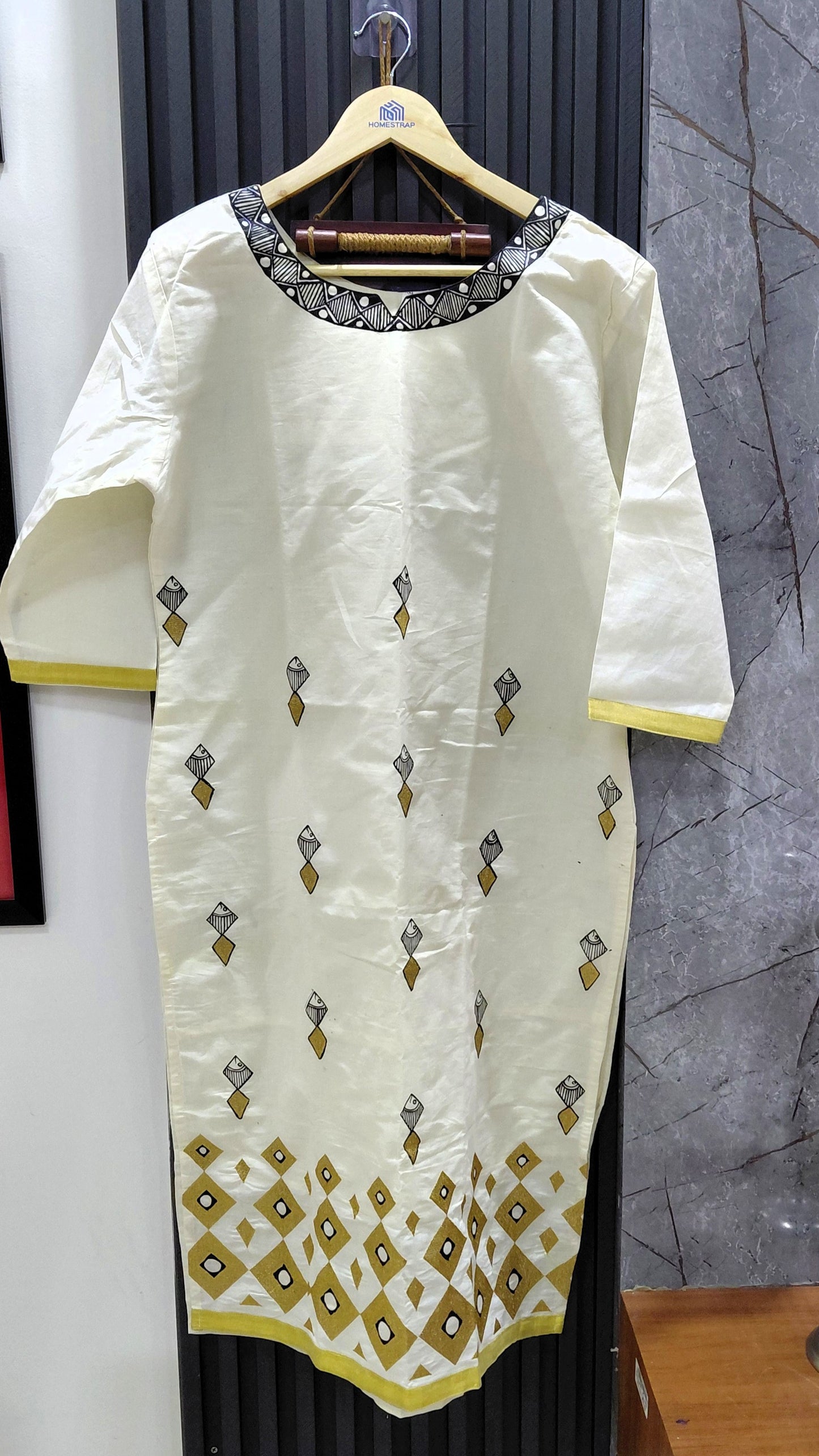 Kerala cotton kurta with geometric Madhubani hand-painted motifs