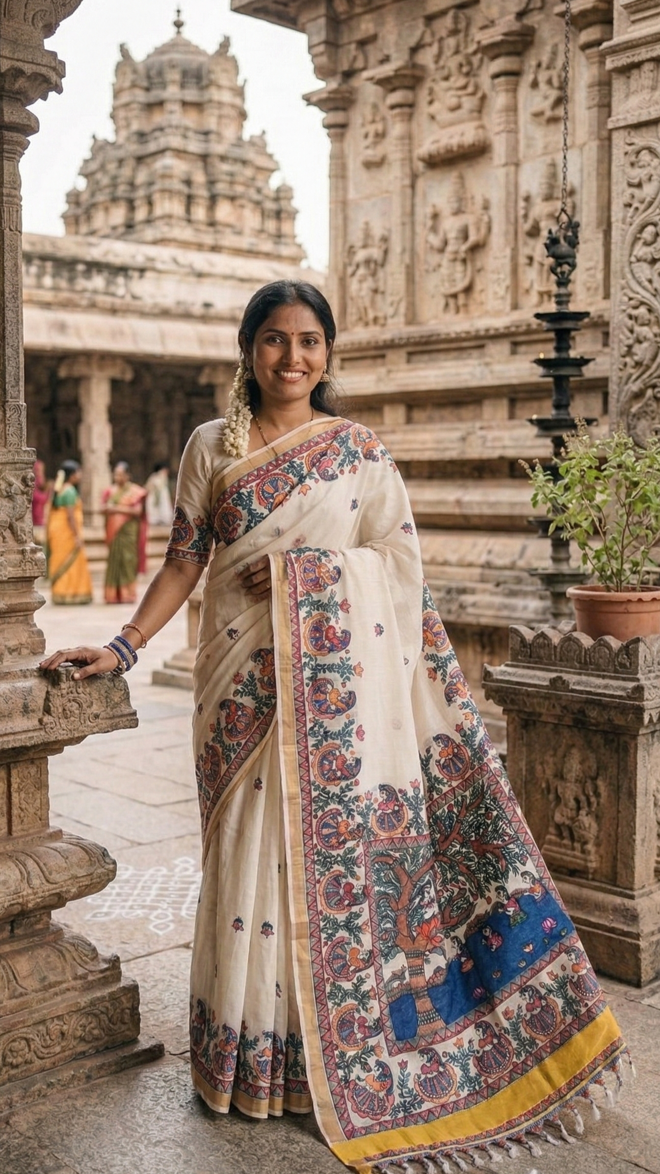 Beige Kasavu Madhubani Saree | Rangika Studio