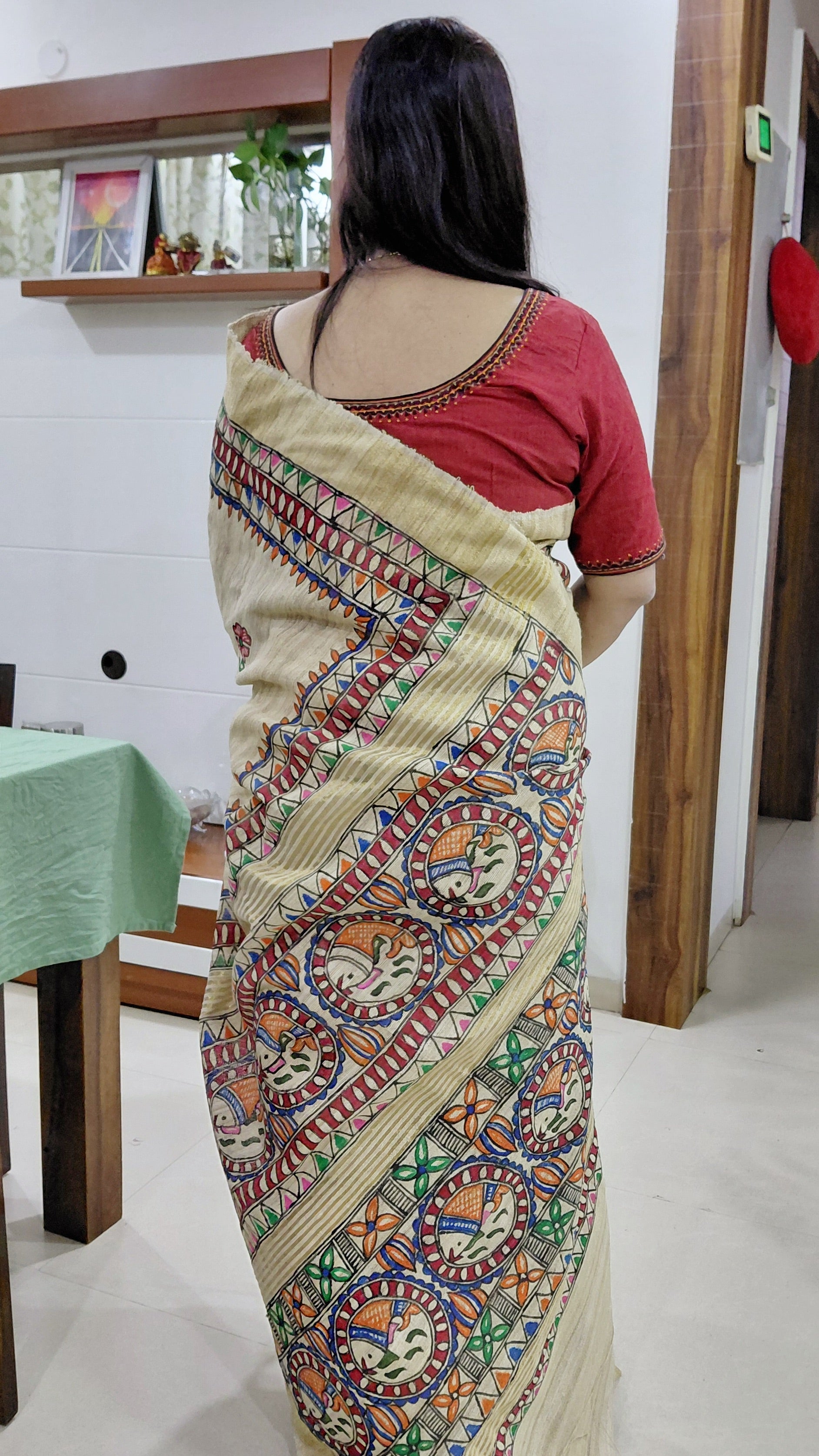 Handpainted Mithila art saree with circular fish design