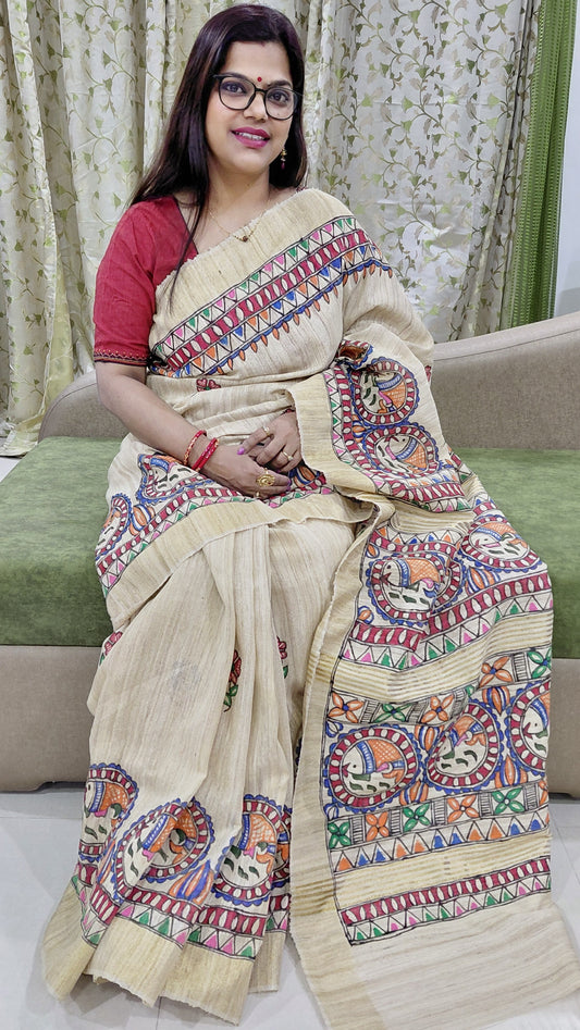 Kora Ghicha Tussar silk Madhubani saree natural beige handpainted