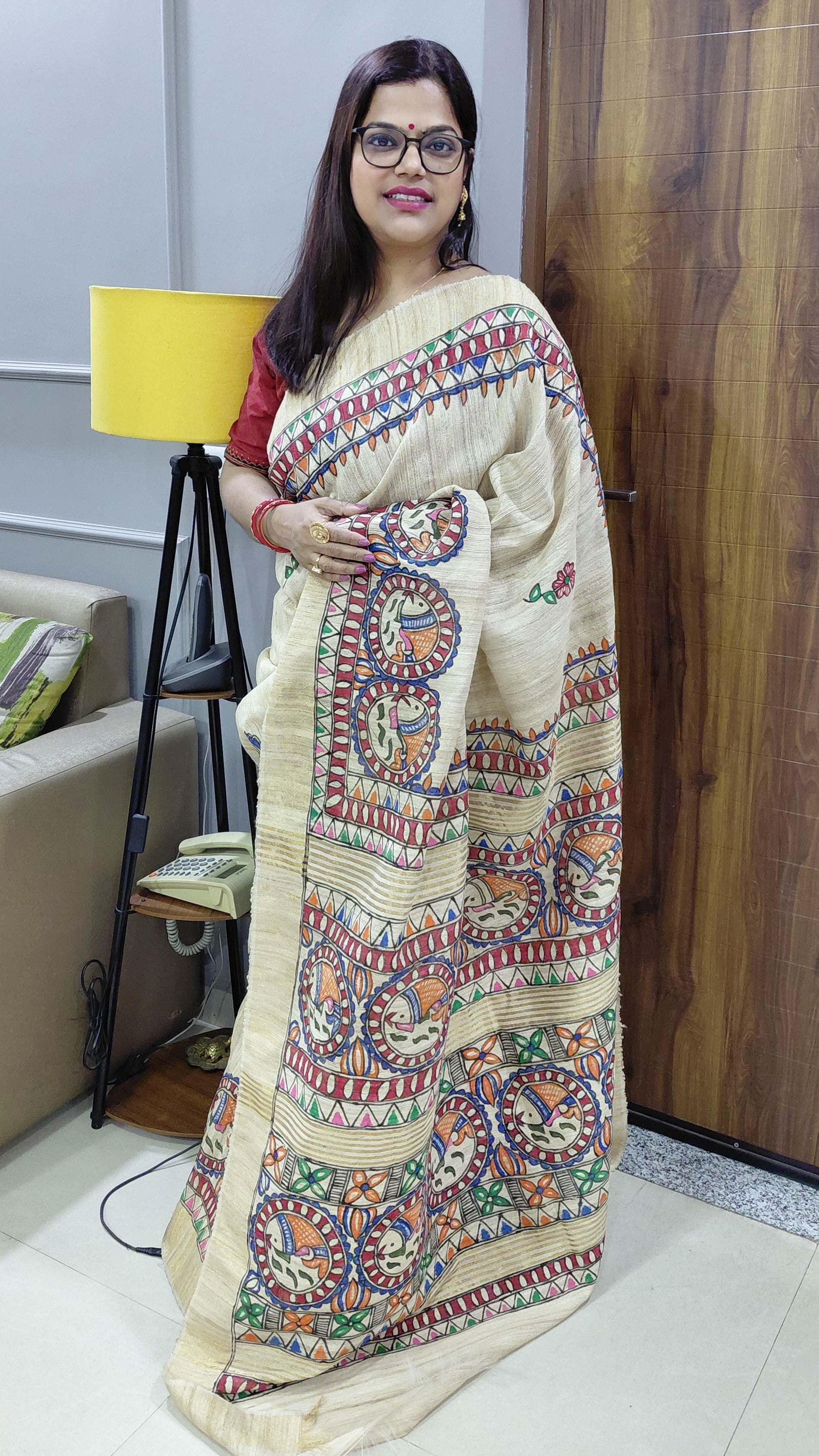 Madhubani fish motif border on Ghicha Tussar silk saree