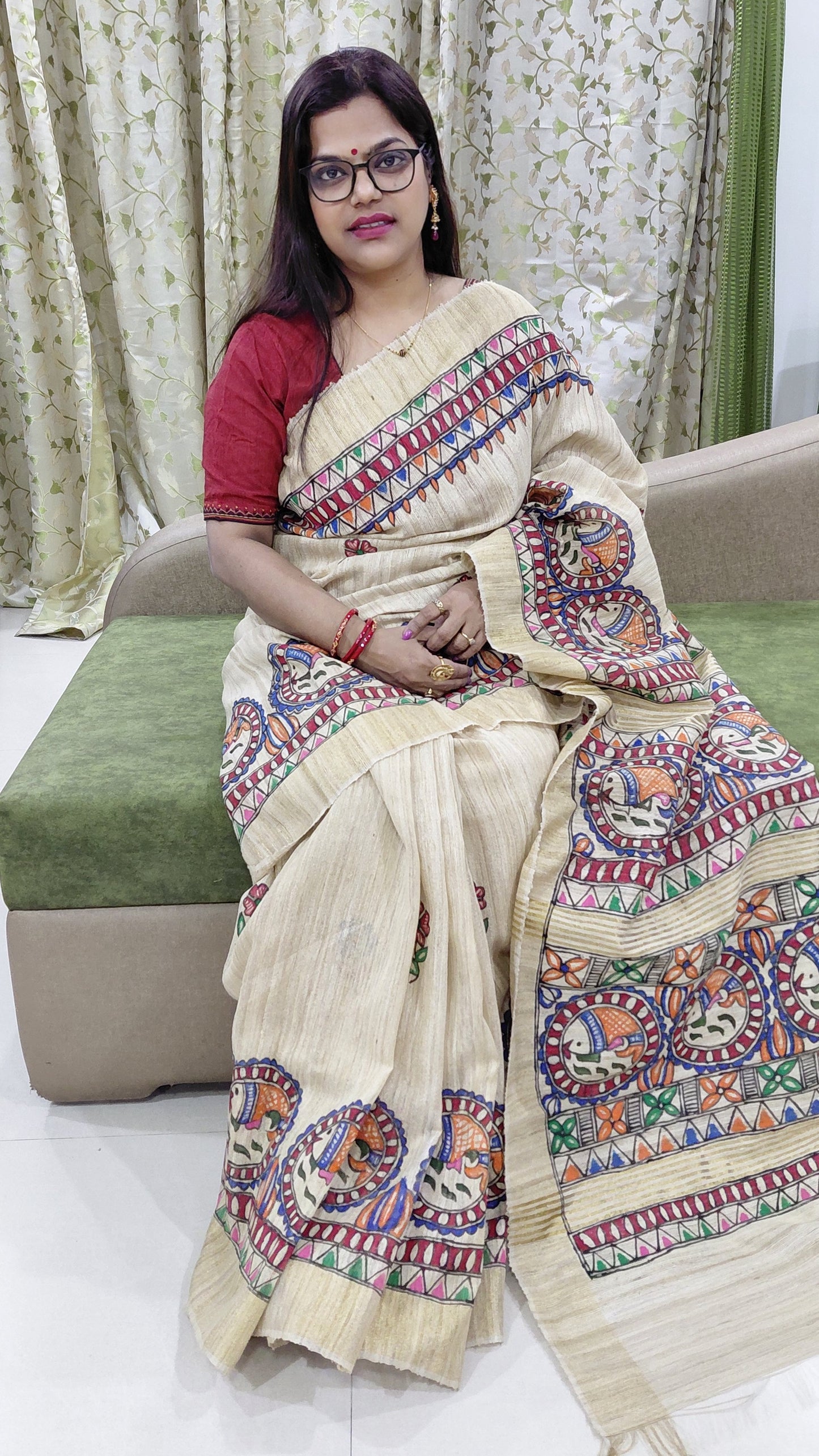 Traditional Indian handpainted saree fish motif border detail