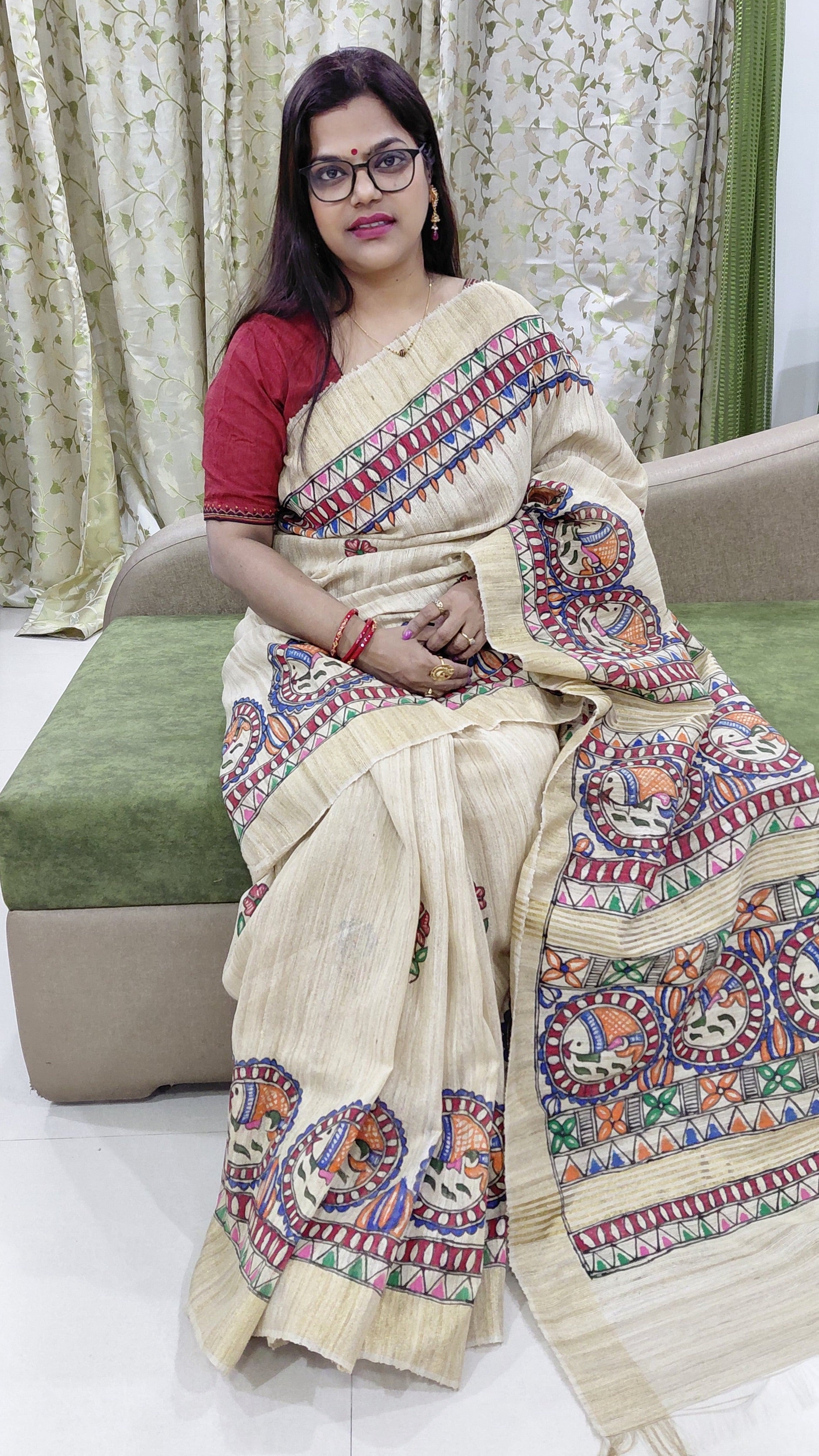 Traditional Indian handpainted saree fish motif border detail