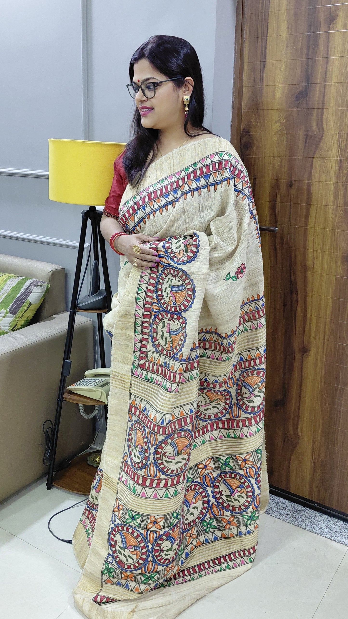Elegant drape of Kora Ghicha Madhubani saree with running blouse
