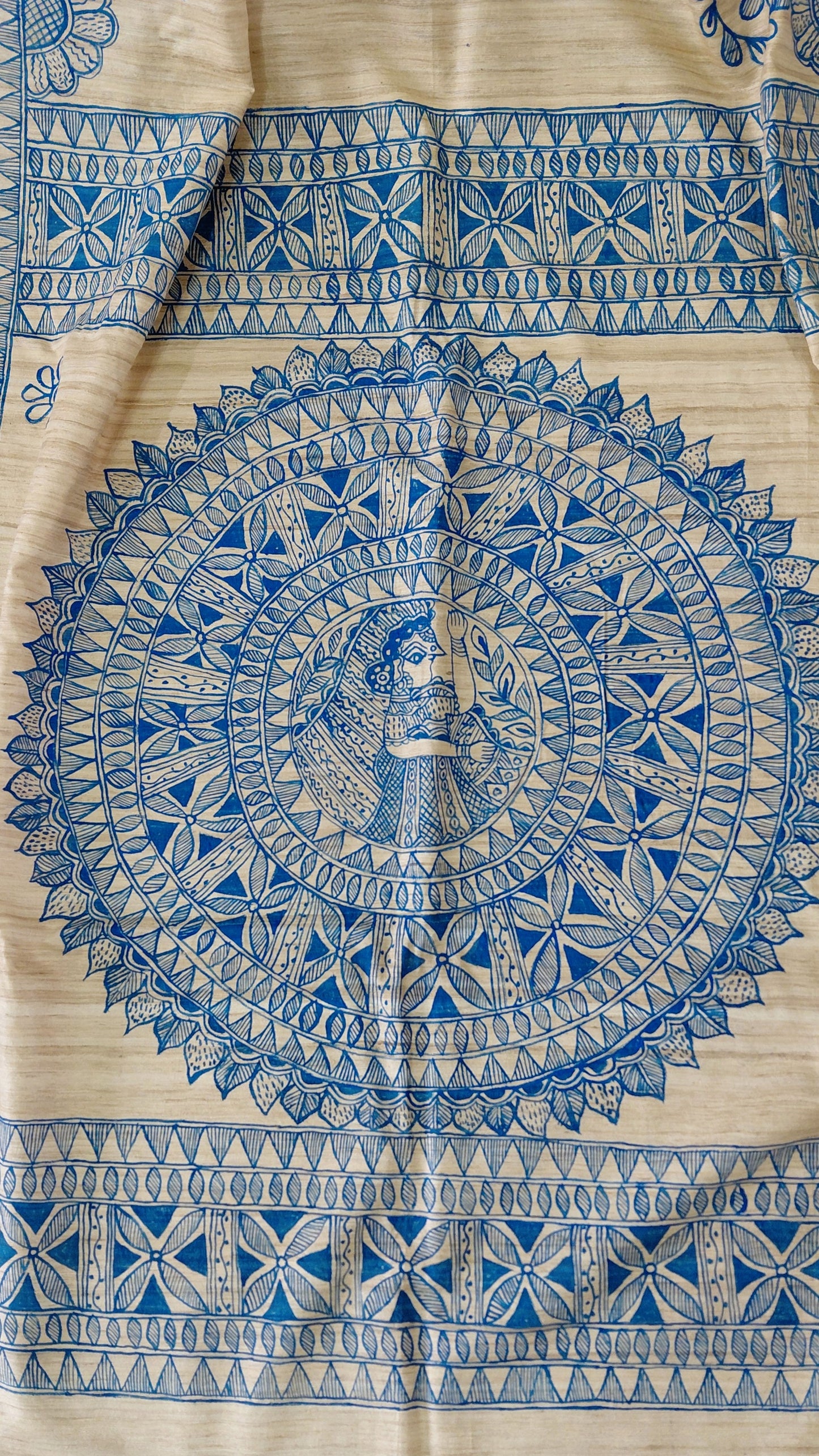 Natural Tussar Ghicha Silk Saree with Monochrome Blue Madhubani Hand Painting